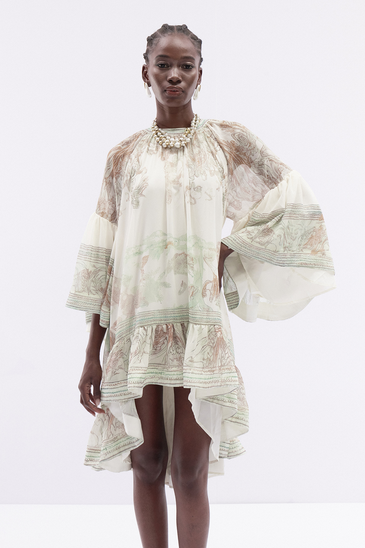 Hermokrates Bell Sleeve Print Ruffle Mini Dress