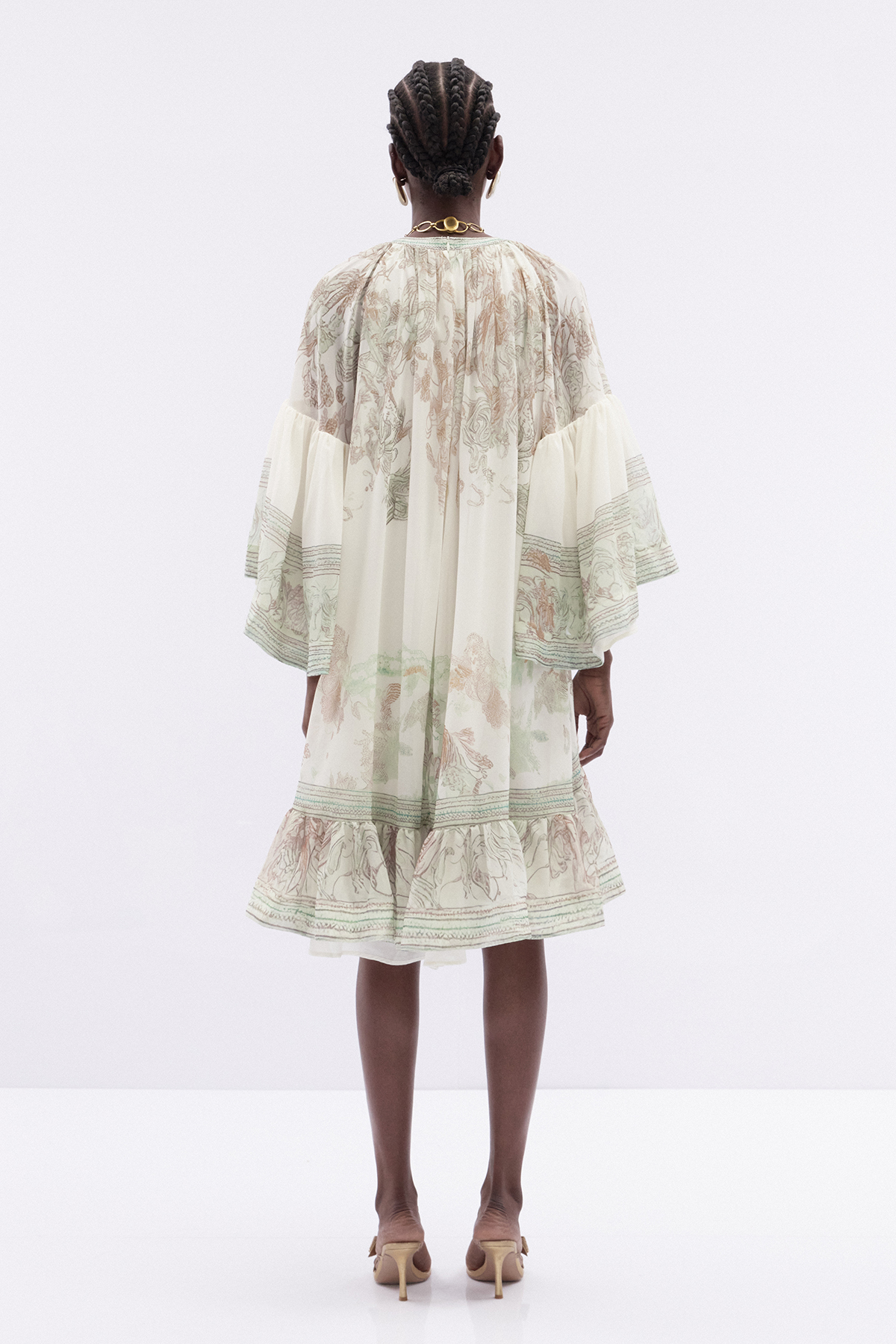 Hermokrates Bell Sleeve Print Ruffle Mini Dress