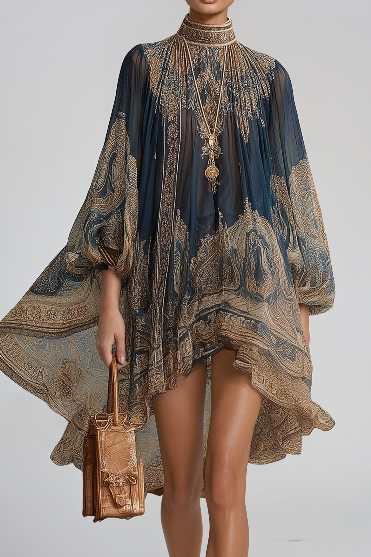 Hermokrates Bell Sleeve Print Ruffle Mini Dress In Dark Blue
