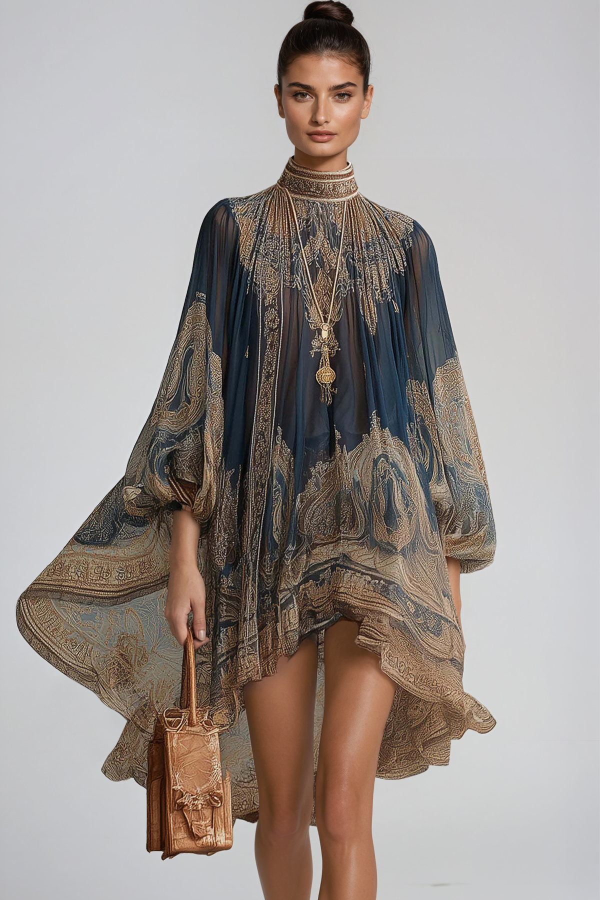 Hermokrates Bell Sleeve Print Ruffle Mini Dress In Dark Blue