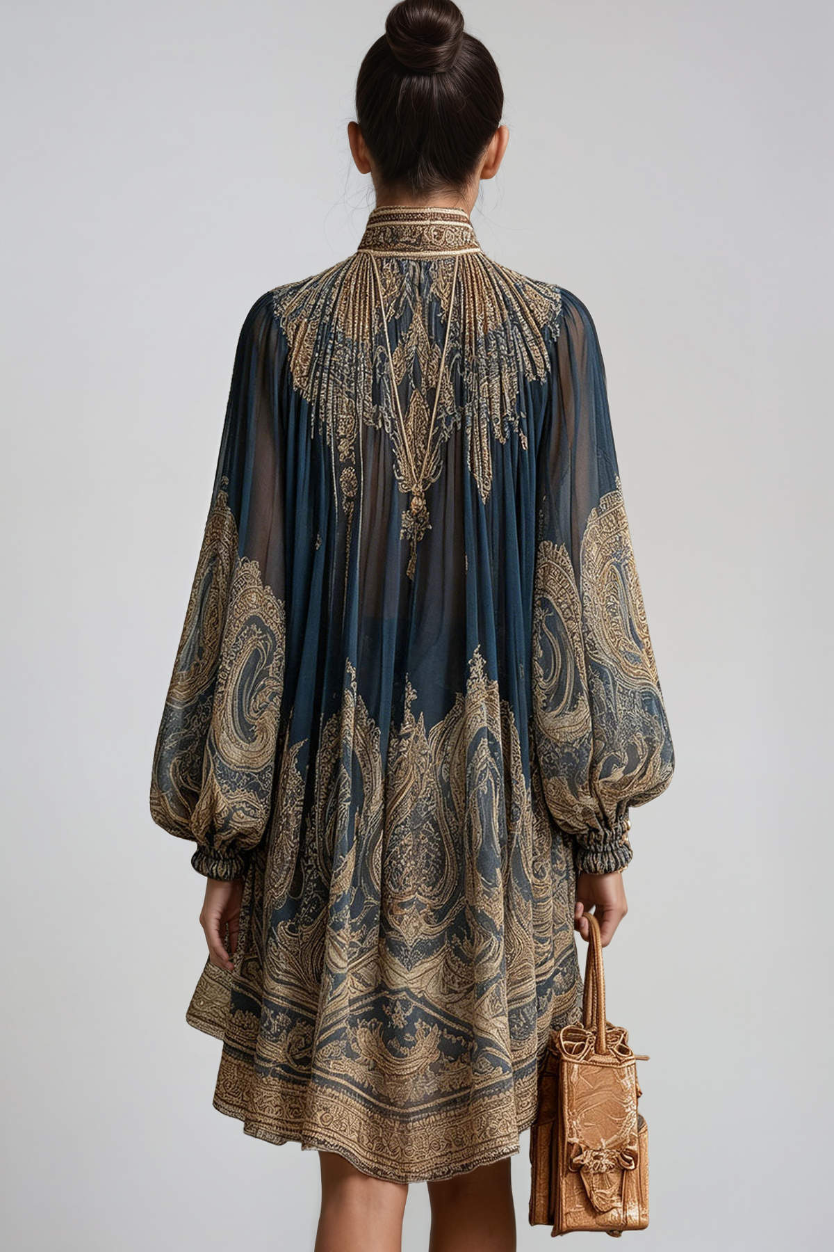 Hermokrates Bell Sleeve Print Ruffle Mini Dress In Dark Blue
