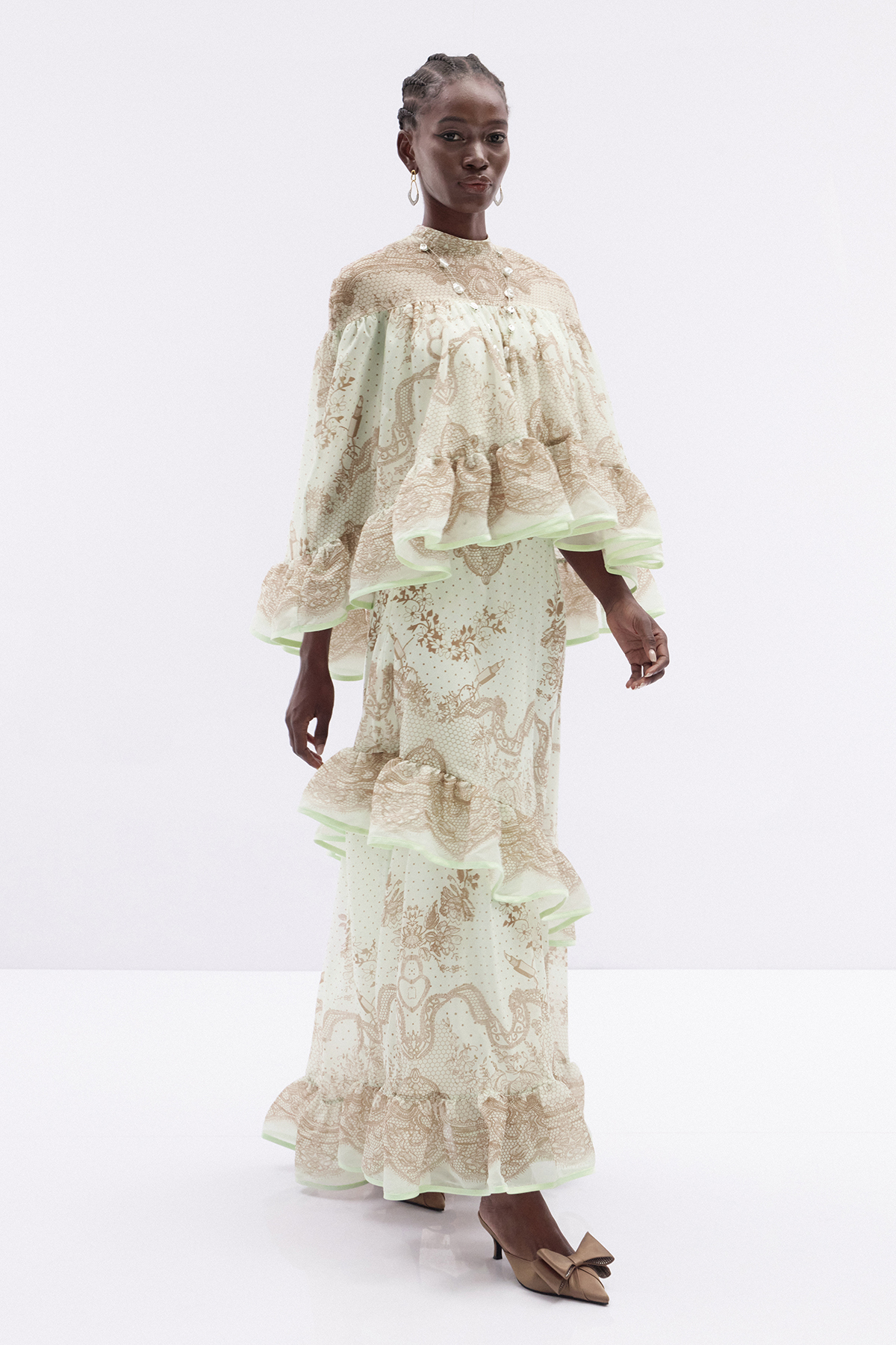 Hermokrates Cape Sleeve Ruffle Maxi Dress