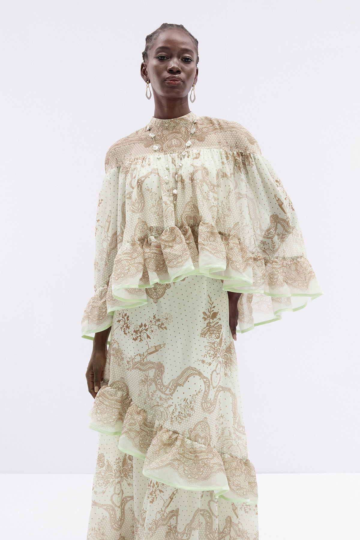 Hermokrates Cape Sleeve Ruffle Maxi Dress