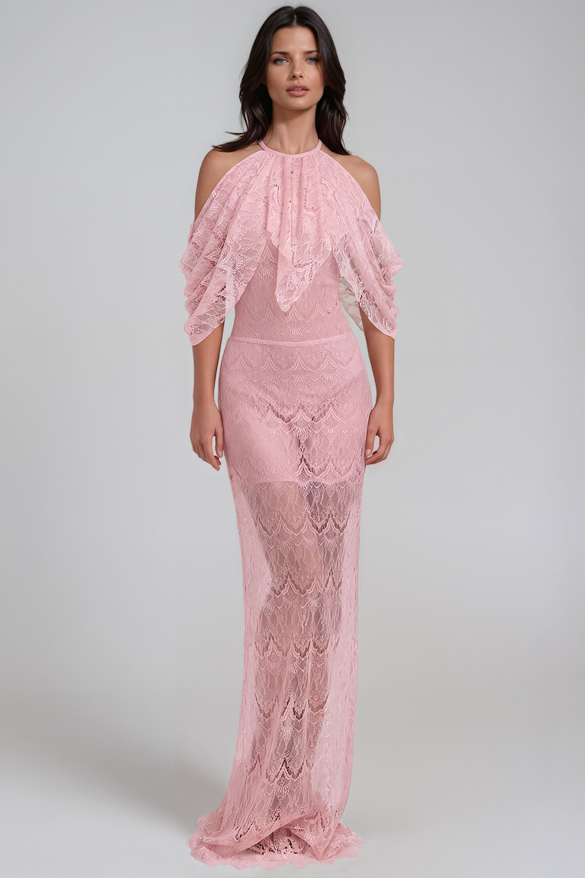 Hisako Halter Neck Lace Ruffle Maxi Dress