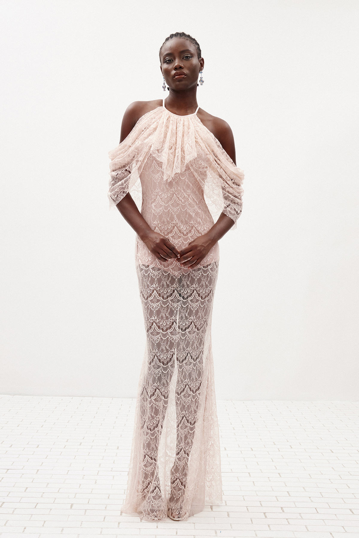Hisako Halter Neck Lace Ruffle Maxi Dress