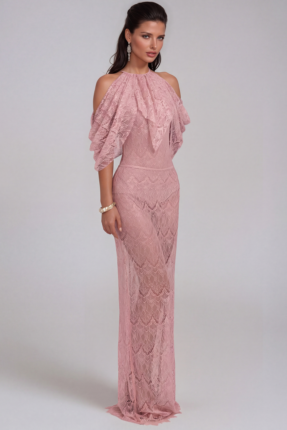 Hisako Halter Neck Lace Ruffle Maxi Dress