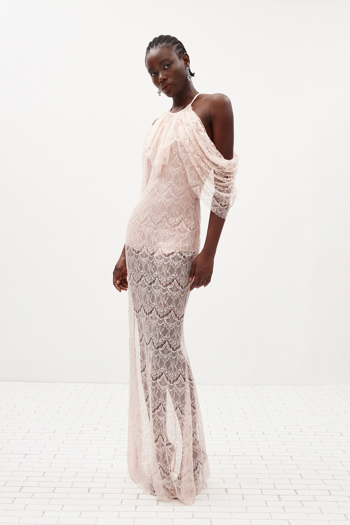 Hisako Halter Neck Lace Ruffle Maxi Dress