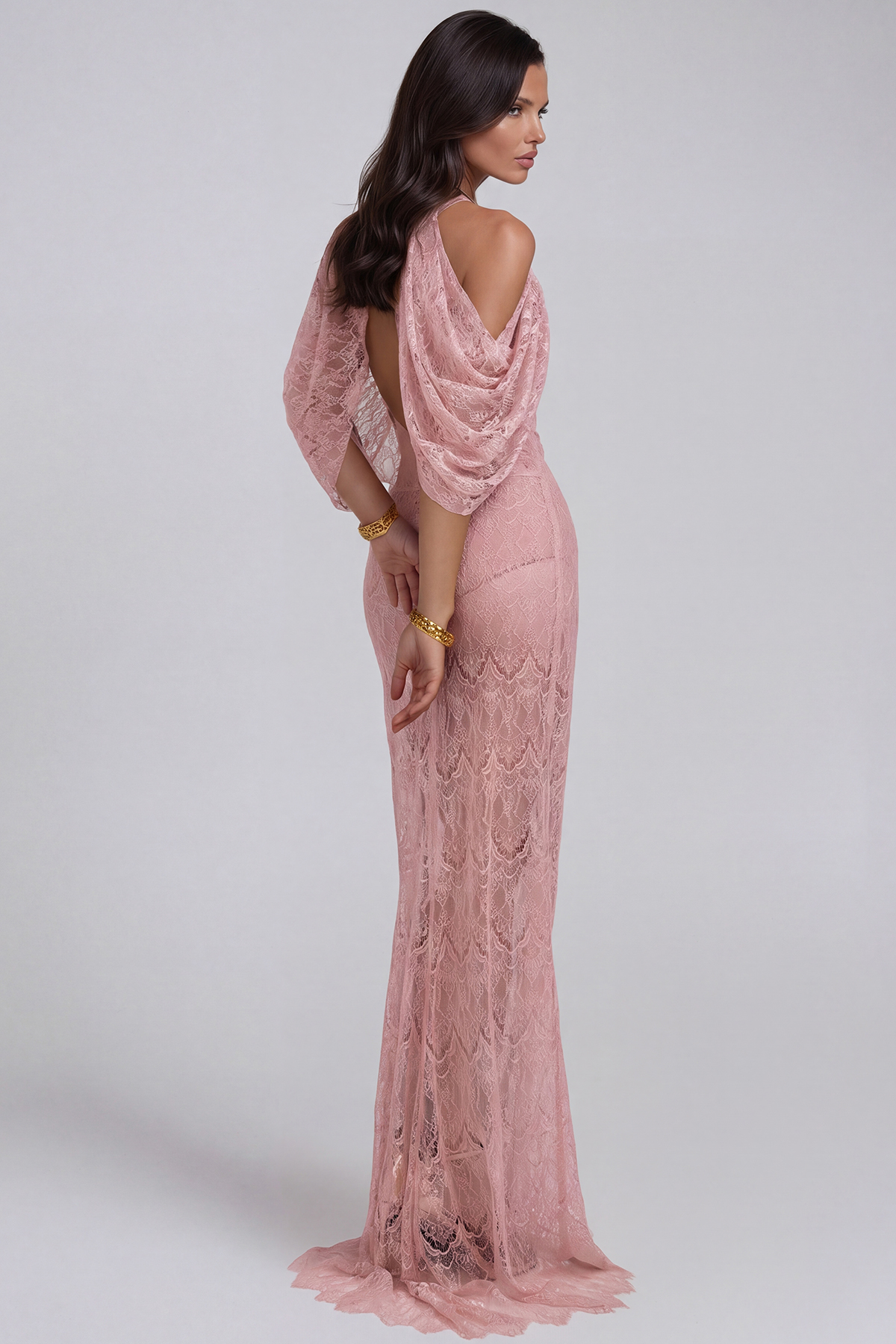 Hisako Halter Neck Lace Ruffle Maxi Dress