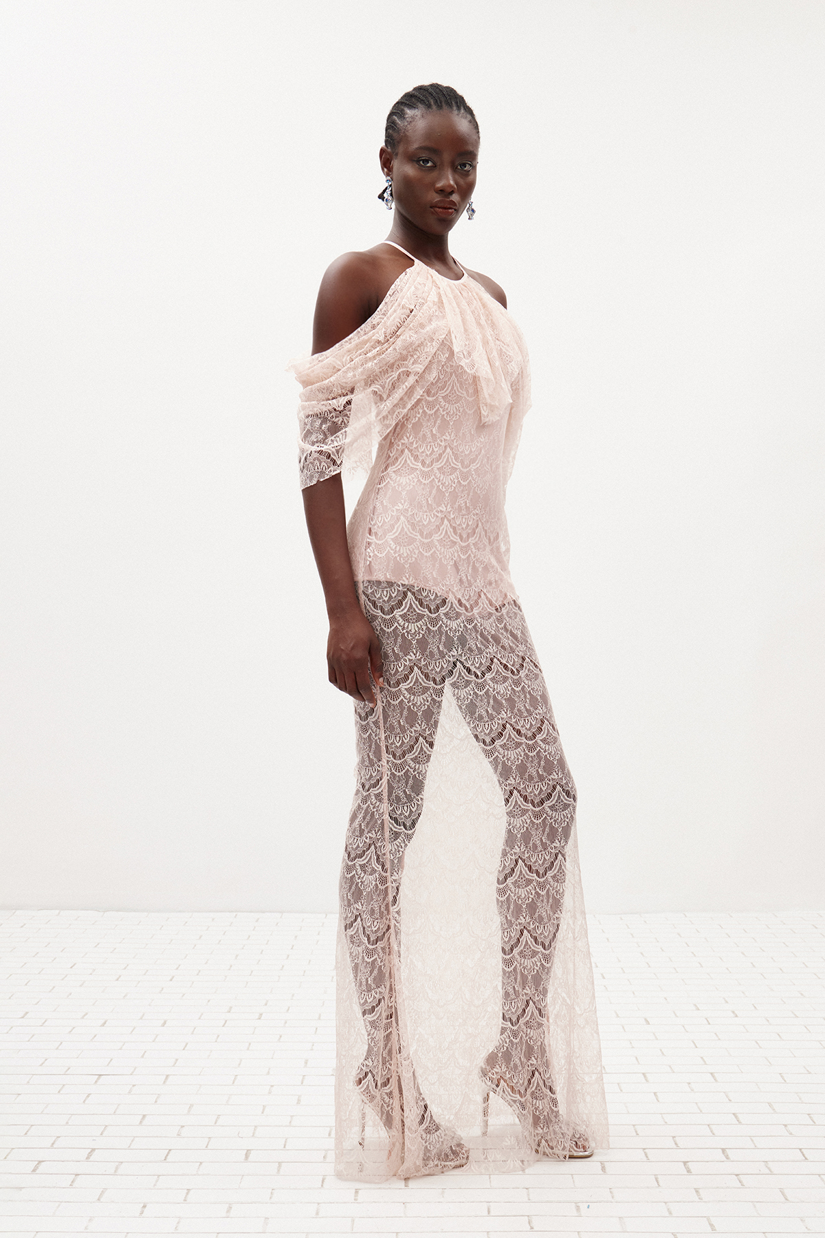 Hisako Halter Neck Lace Ruffle Maxi Dress