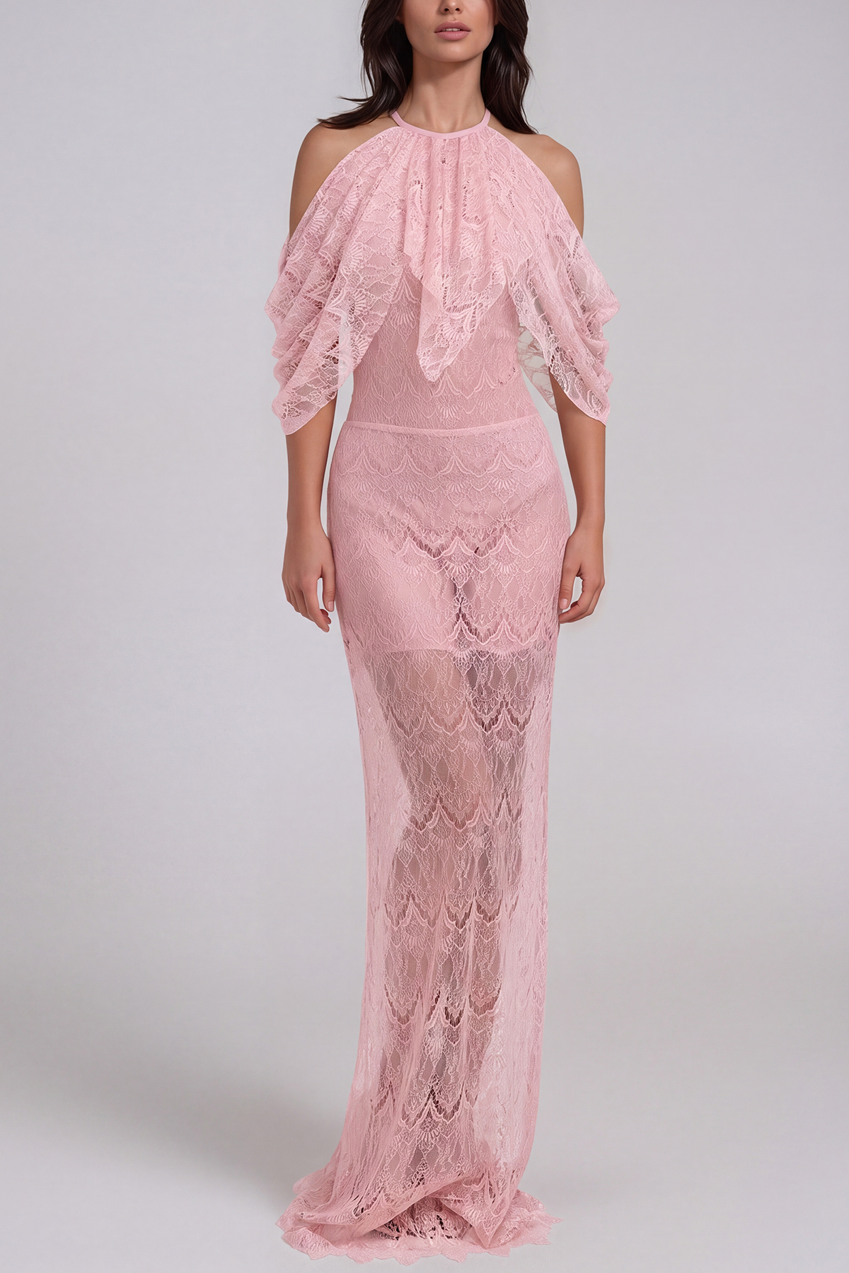 Hisako Halter Neck Lace Ruffle Maxi Dress