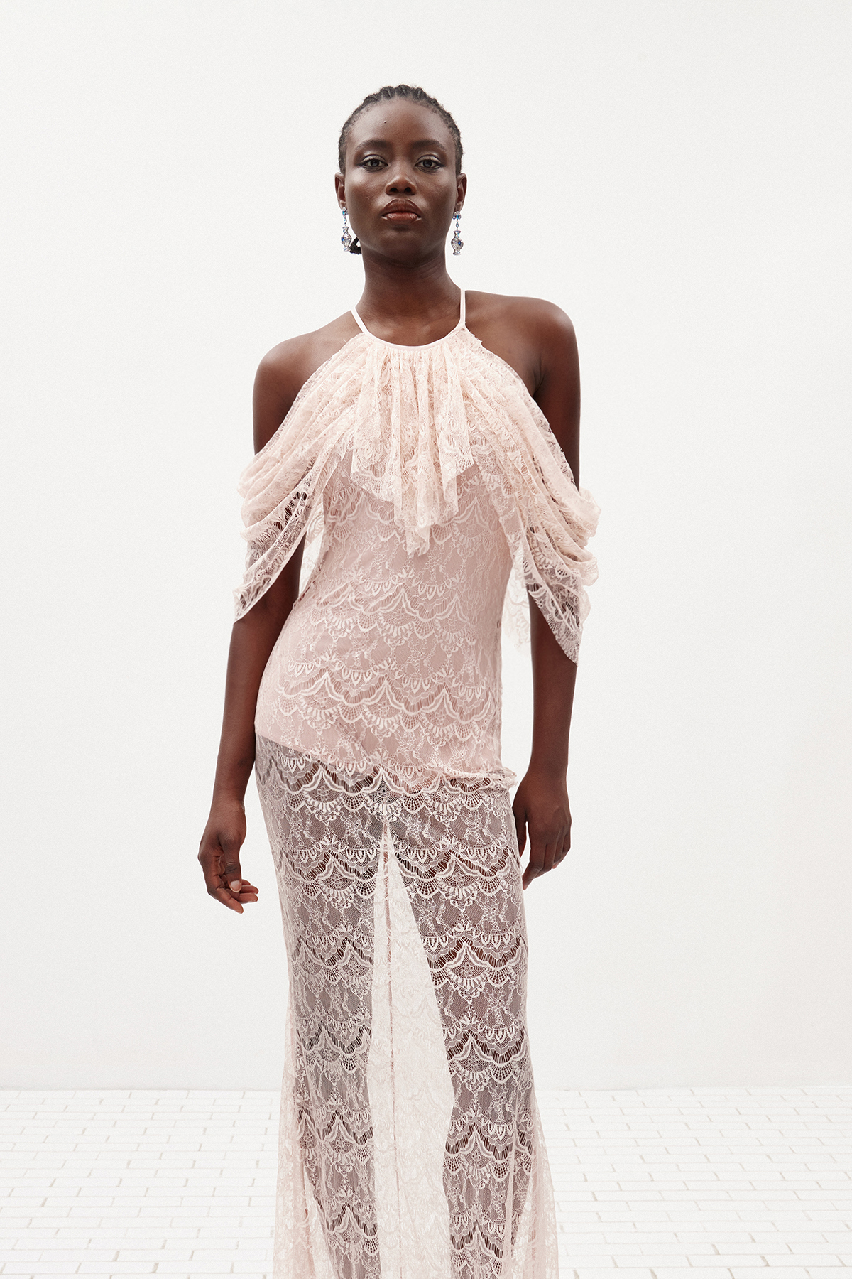 Hisako Halter Neck Lace Ruffle Maxi Dress