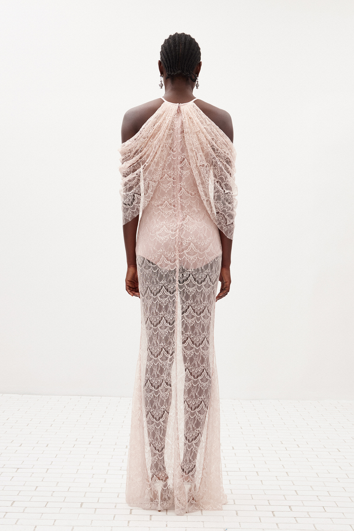Hisako Halter Neck Lace Ruffle Maxi Dress