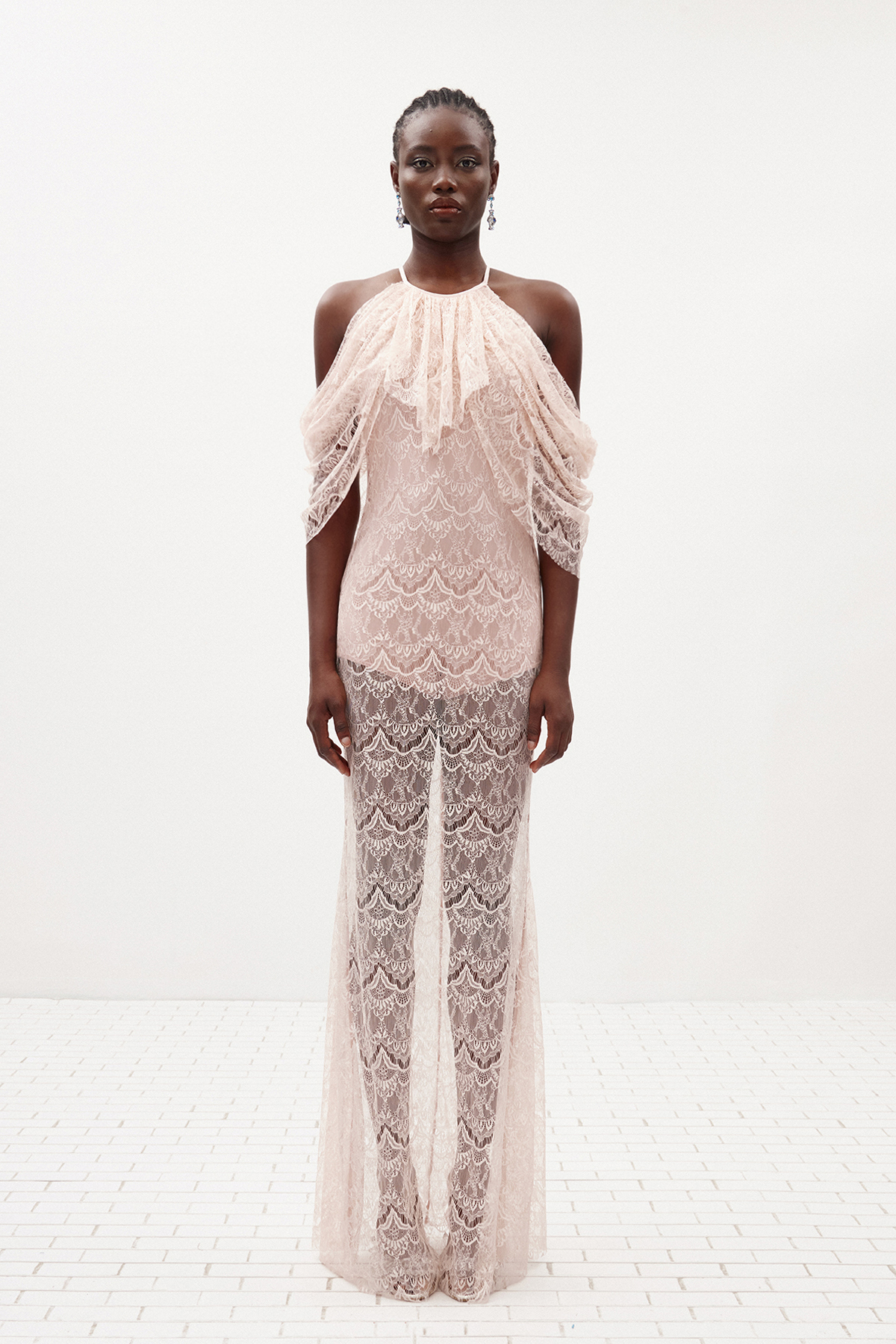 Hisako Halter Neck Lace Ruffle Maxi Dress