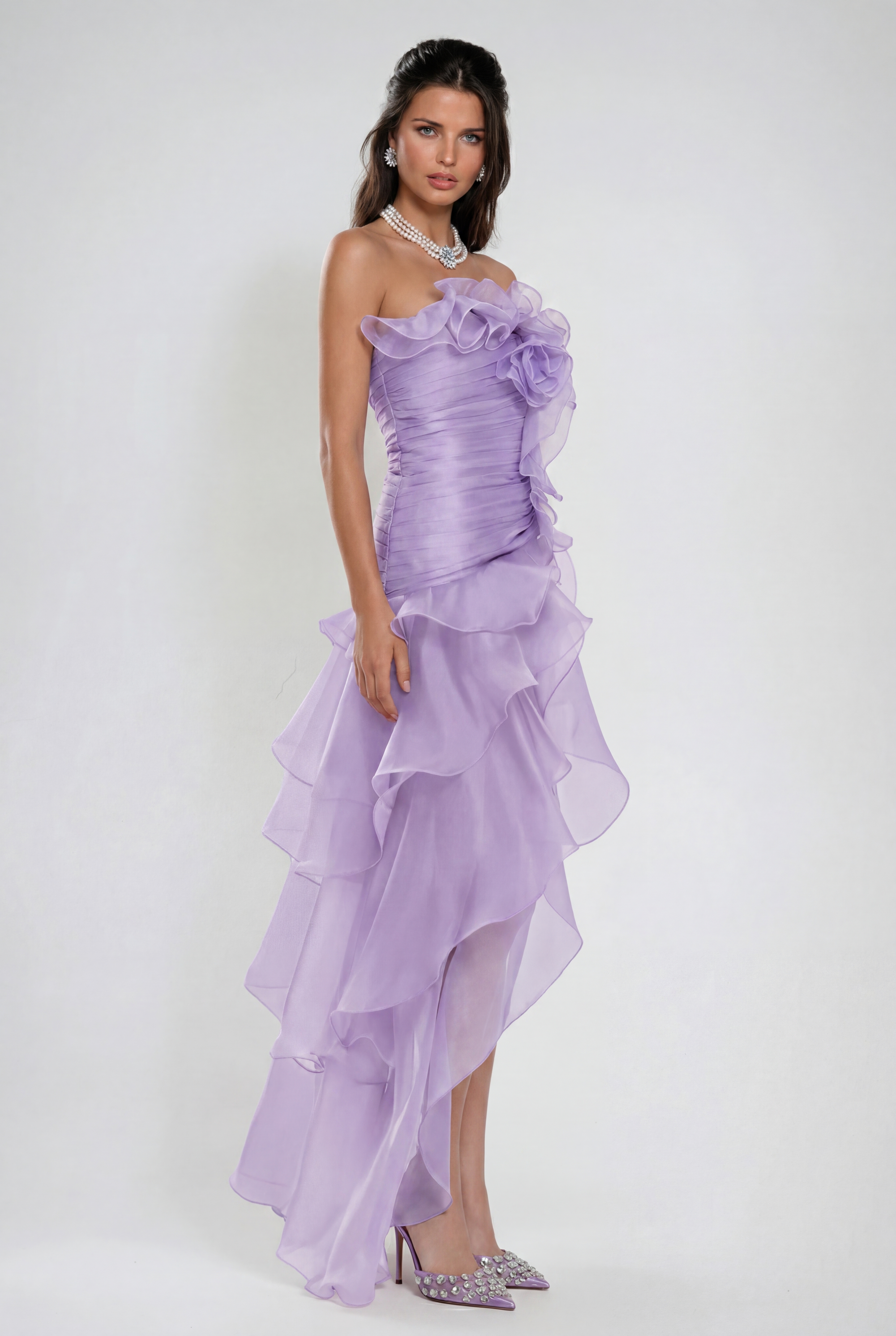 Elizabet Flower Ruch Ruffle Maxi Dress