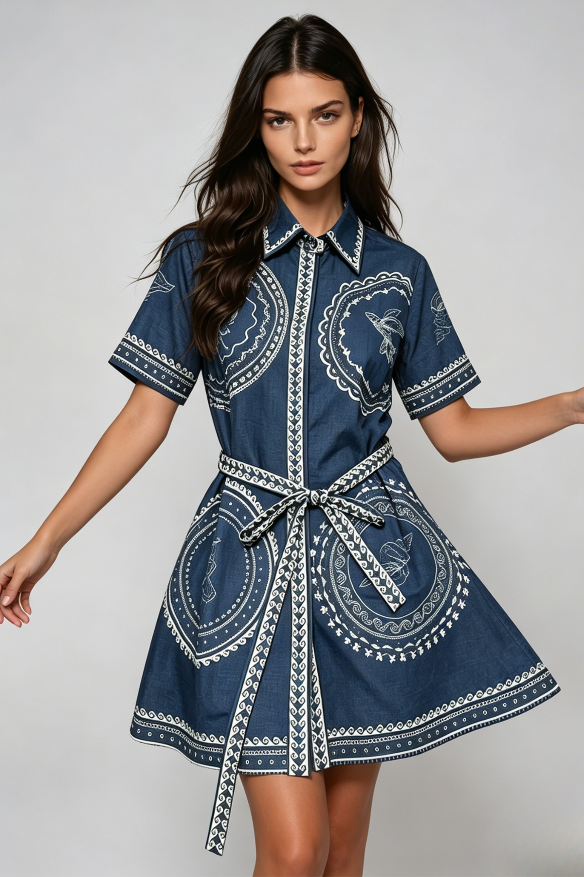 Haoran Lapel Tie Up Print Mini Dress