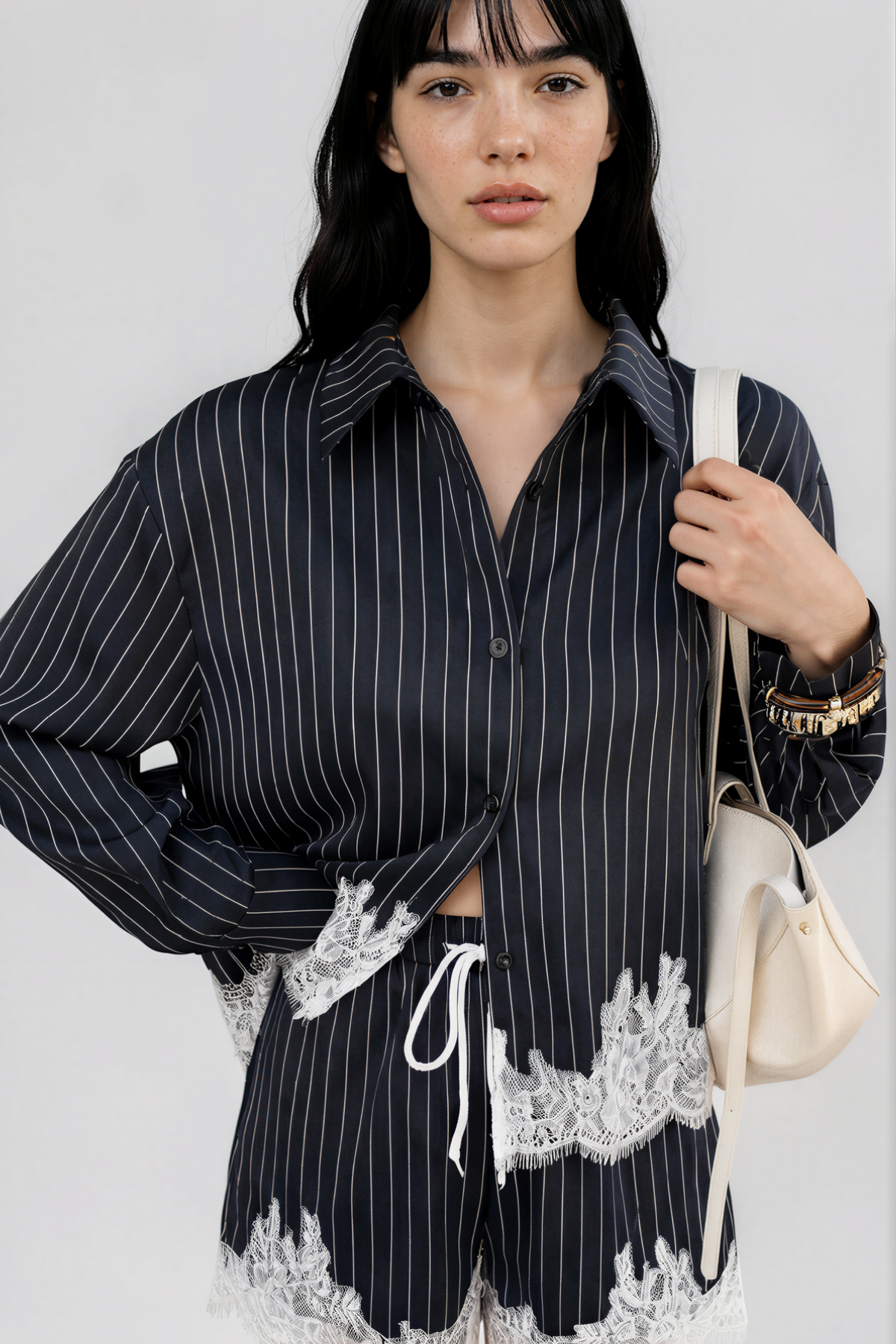 Kyong Lapel Stripe Lace Short Set In Dark Blue