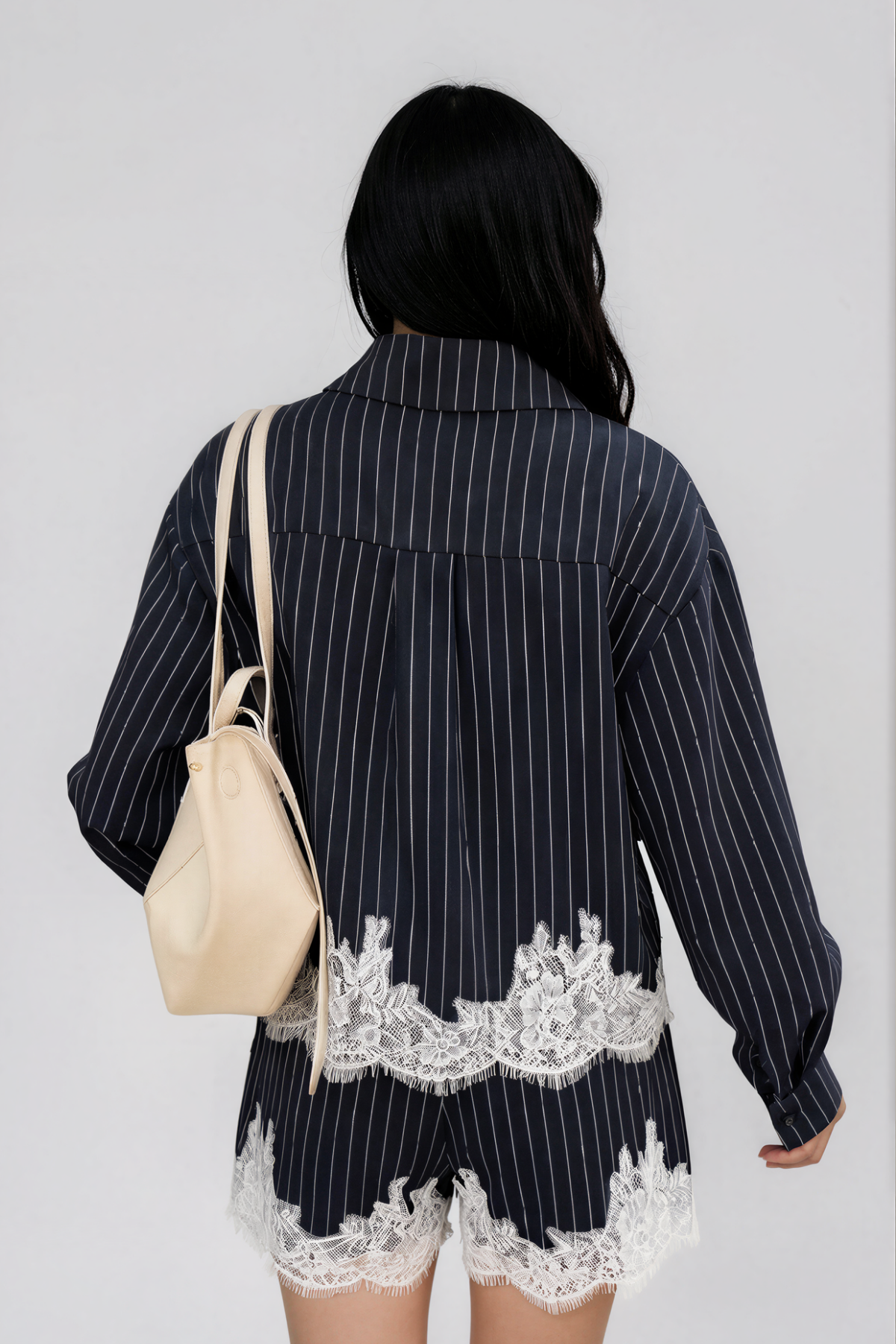 Kyong Lapel Stripe Lace Short Set In Dark Blue