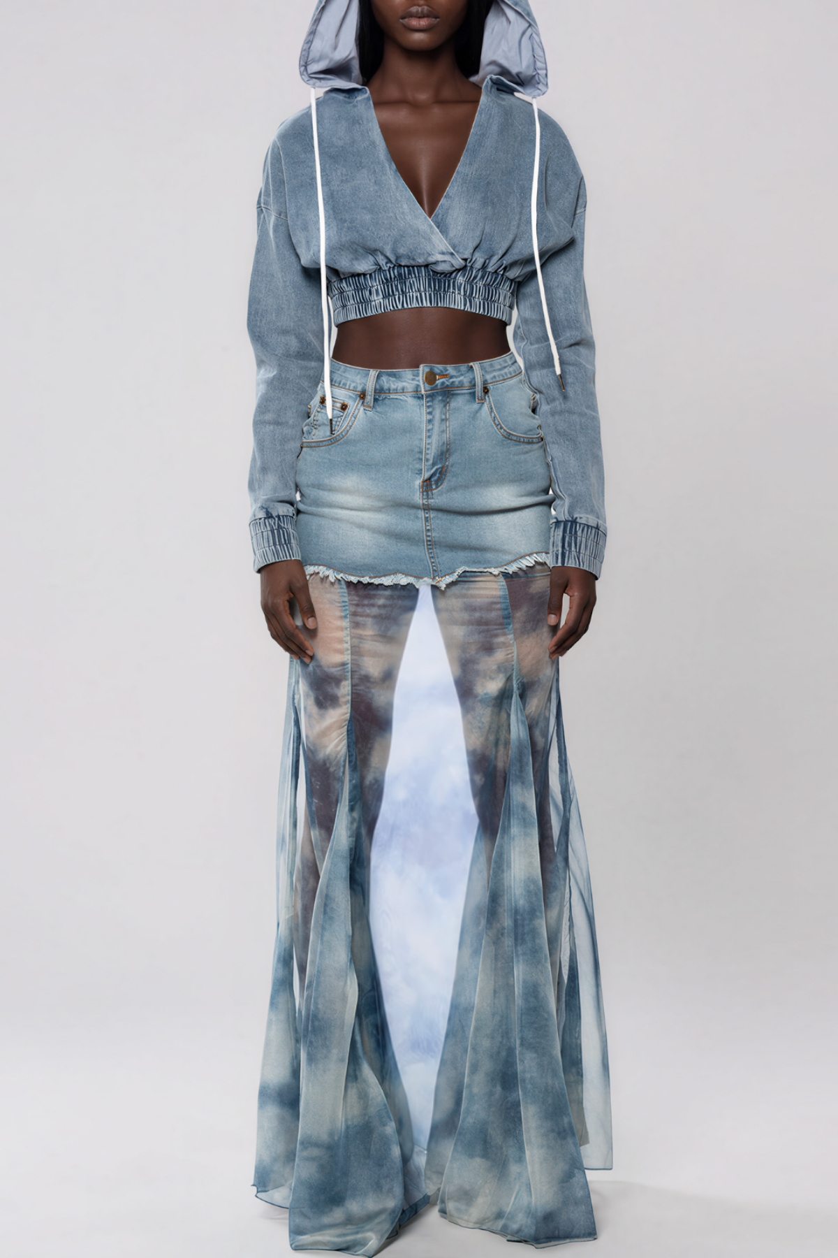 Kerani Denim Mesh Print Maxi Skirt Set