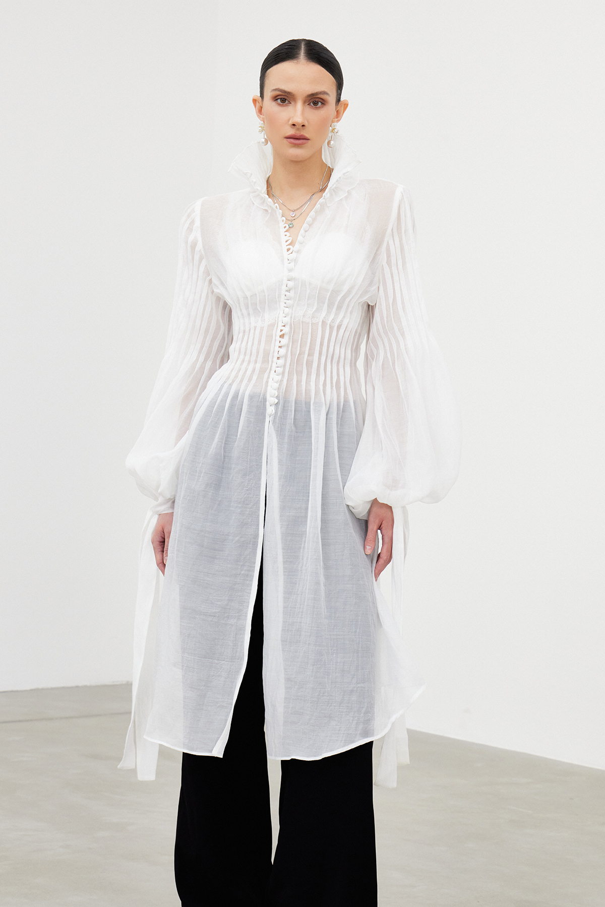 Iacchus Balloon Sleeve Mesh Midi Dress