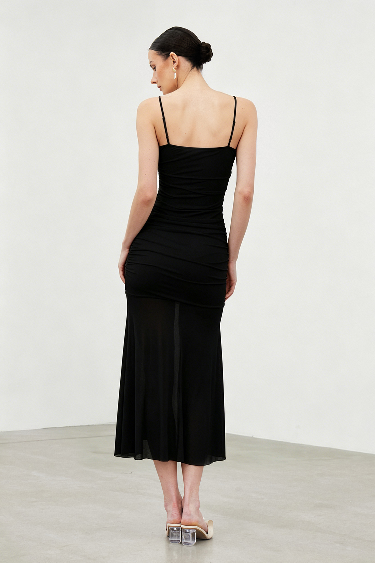 Iah Flower Spaghetti Ruch Maxi Dress In Black