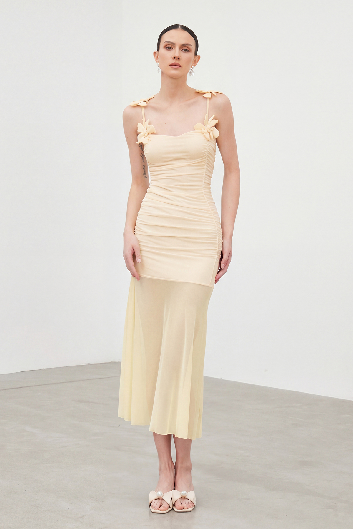 Iah Flower Spaghetti Ruch Maxi Dress In Apricot