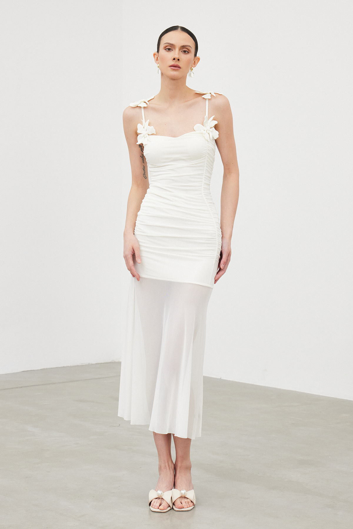 Iah Flower Spaghetti Ruch Maxi Dress In White