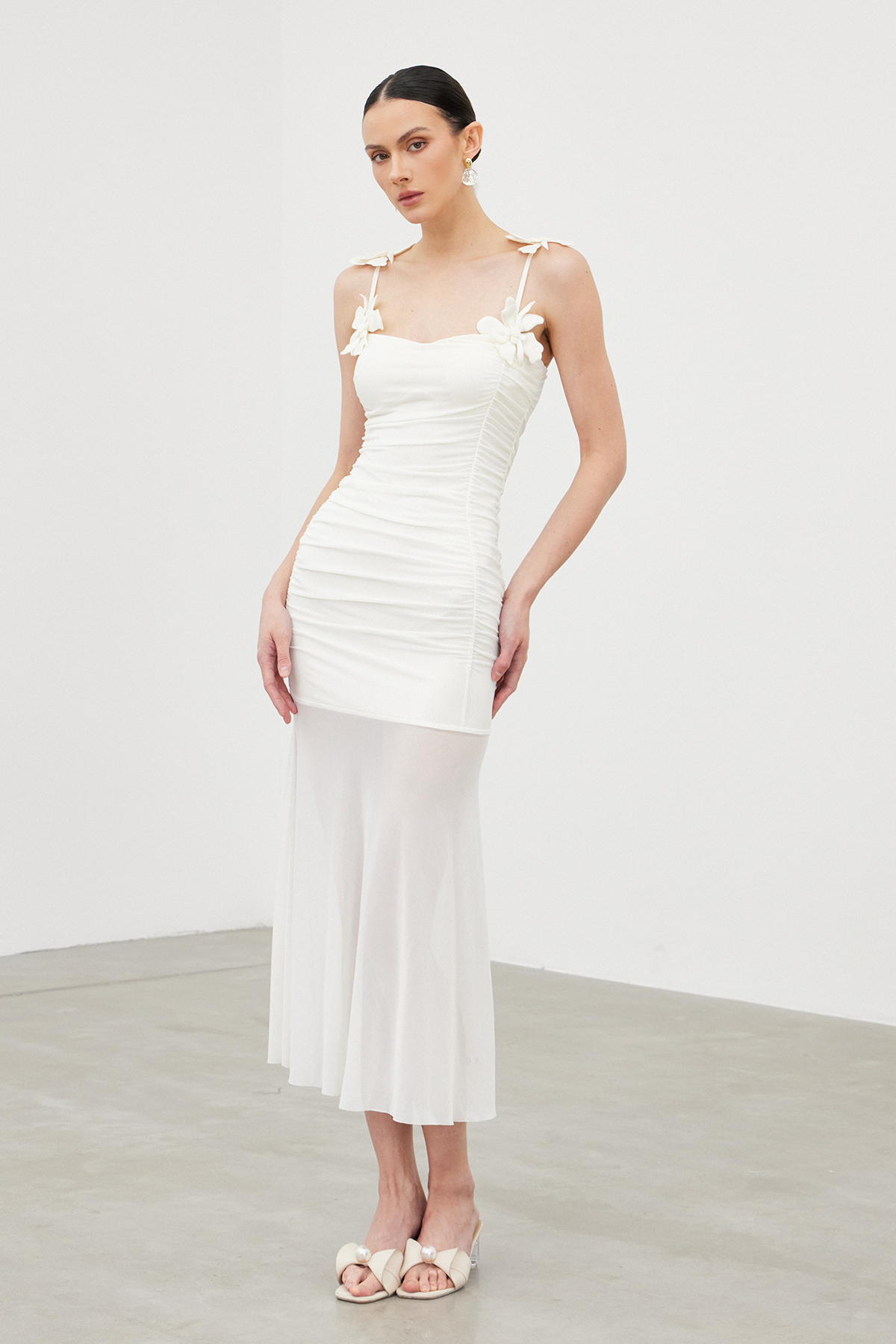 Iah Flower Spaghetti Ruch Maxi Dress In White