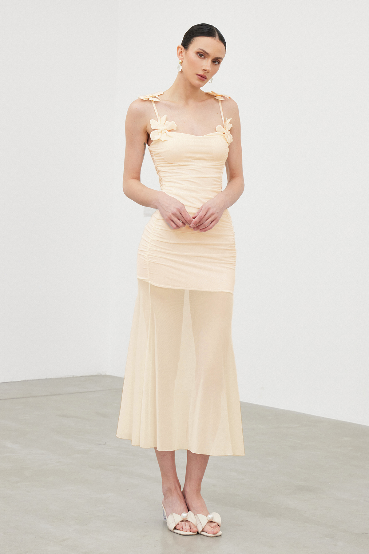 Iah Flower Spaghetti Ruch Maxi Dress In Apricot