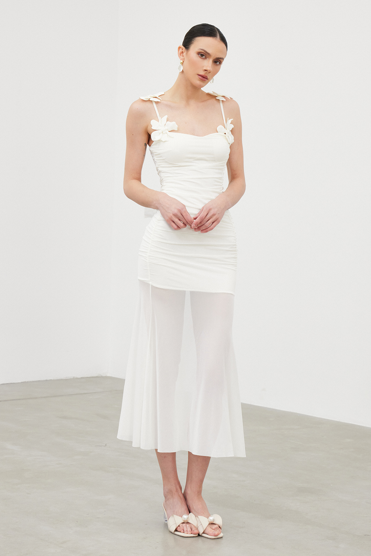 Iah Flower Spaghetti Ruch Maxi Dress In White