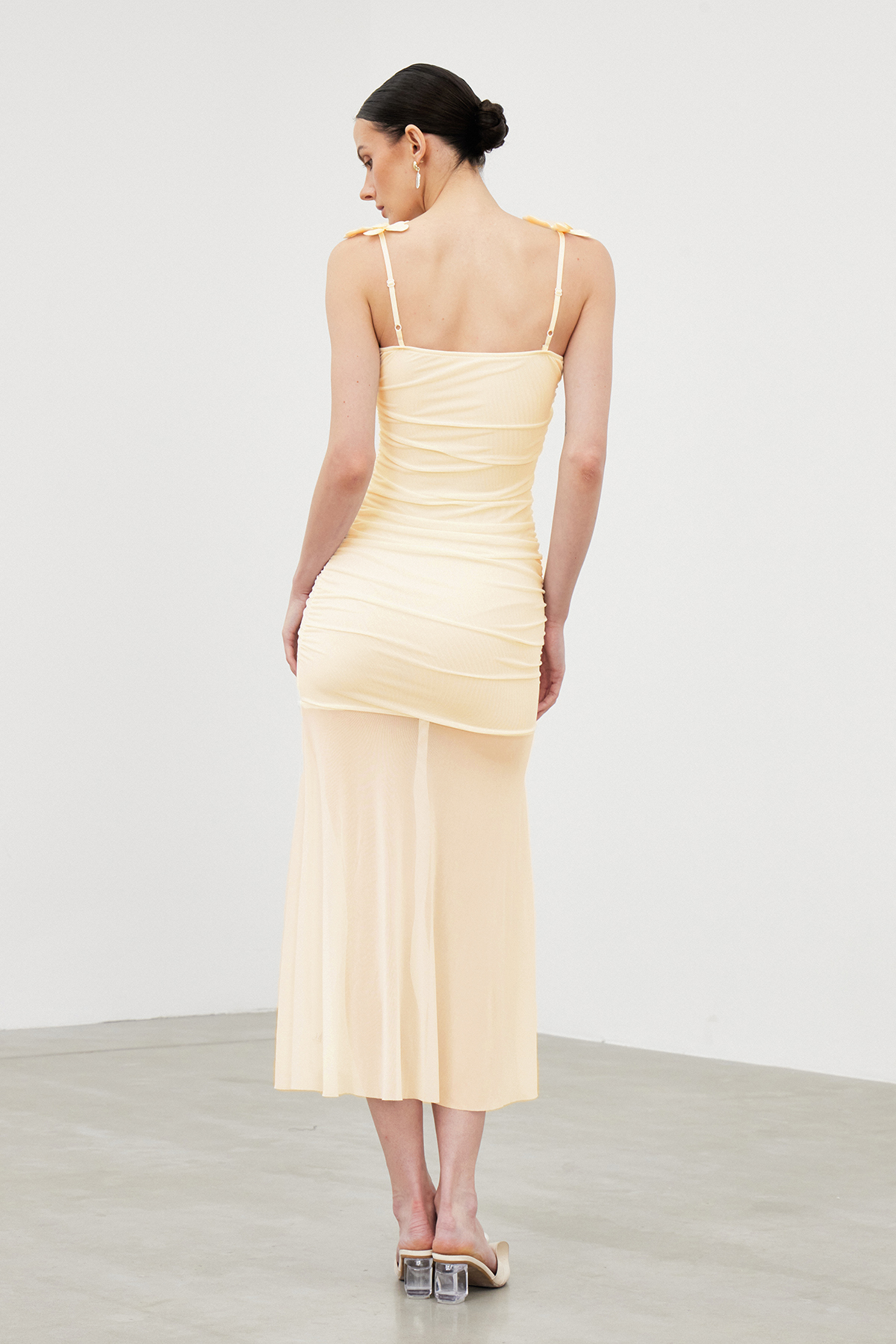 Iah Flower Spaghetti Ruch Maxi Dress In Apricot