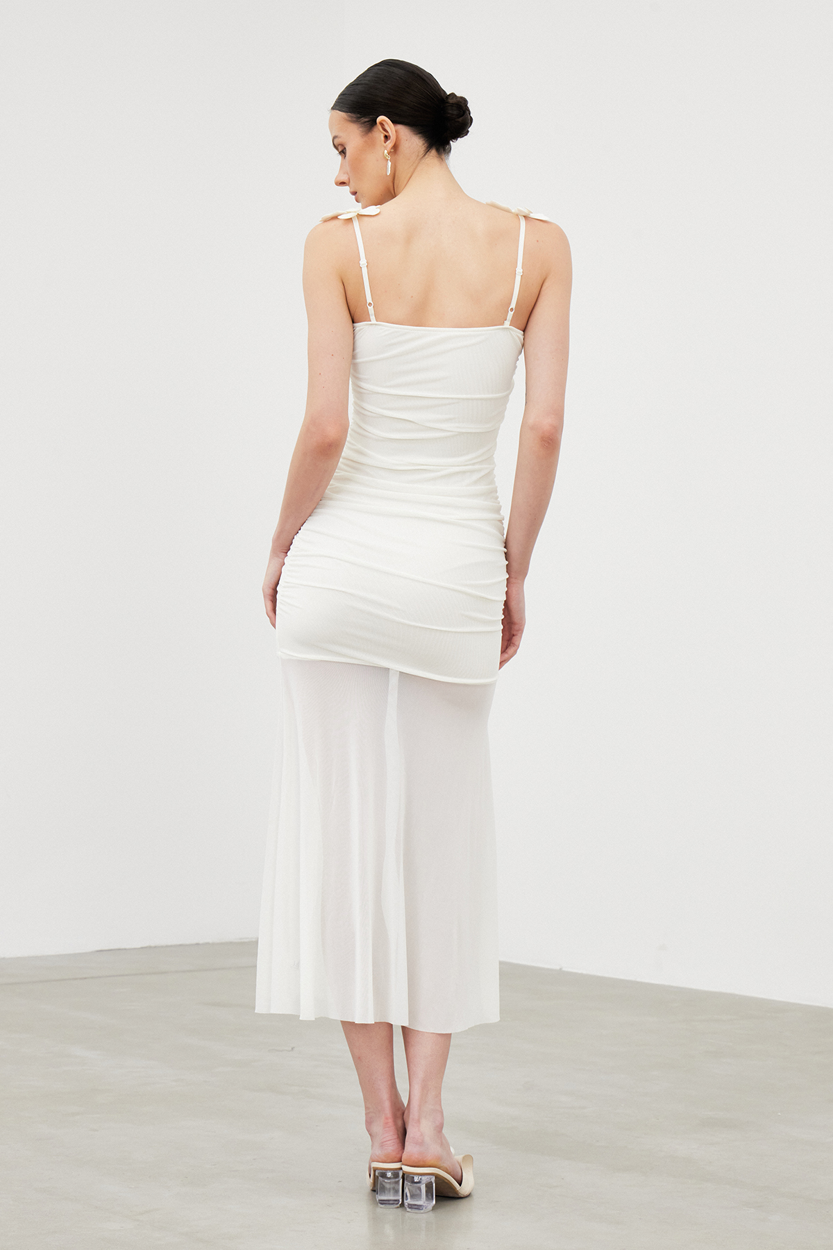 Iah Flower Spaghetti Ruch Maxi Dress In White