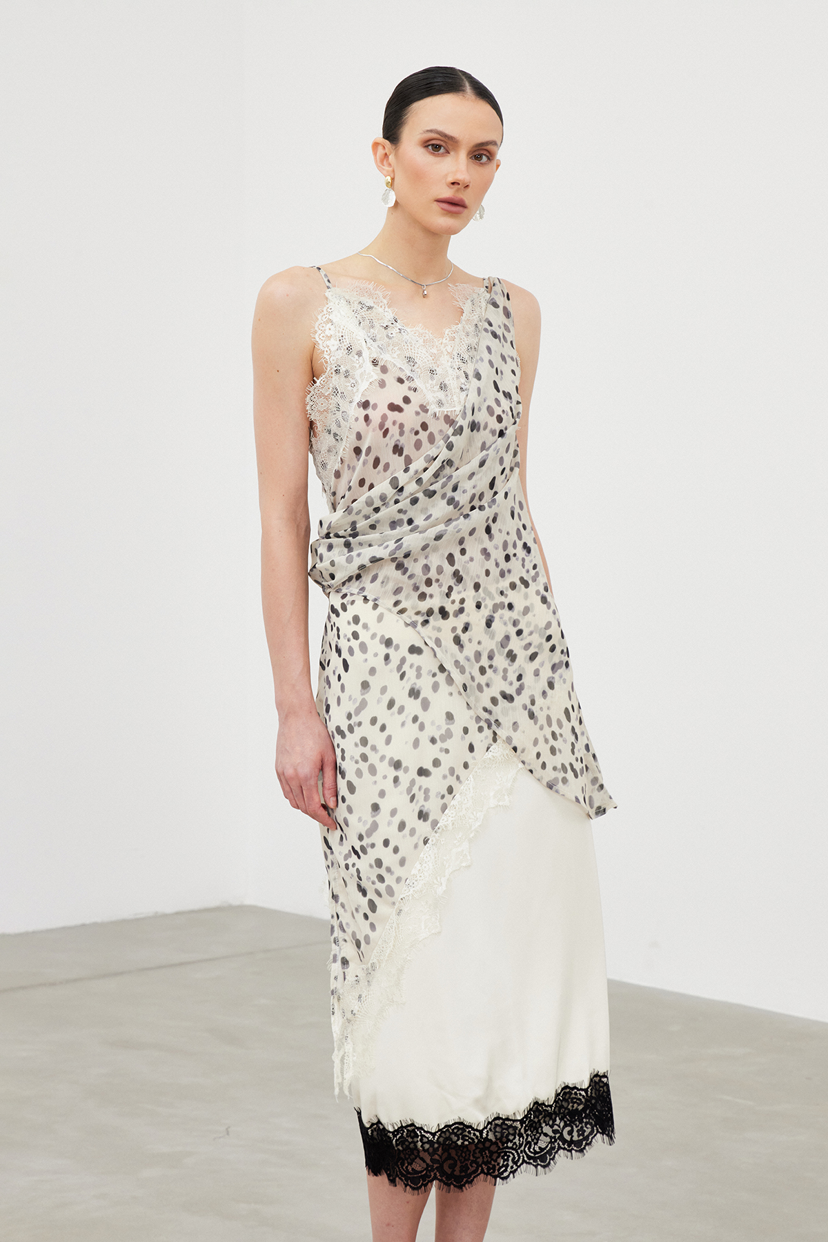 Iakchos Asymmetric Dot Lace Mini Dress