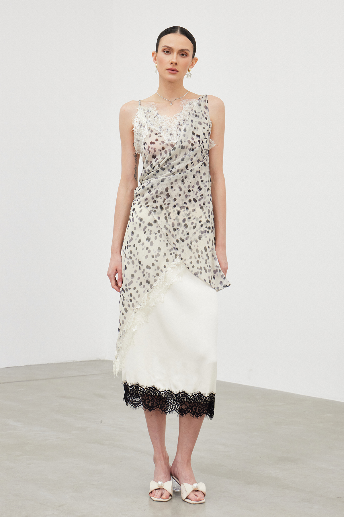 Iakchos Asymmetric Dot Lace Mini Dress