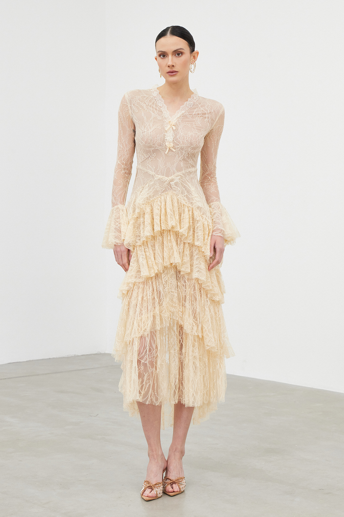 Iakobos Lace Ruffle Tiered Maxi Dress