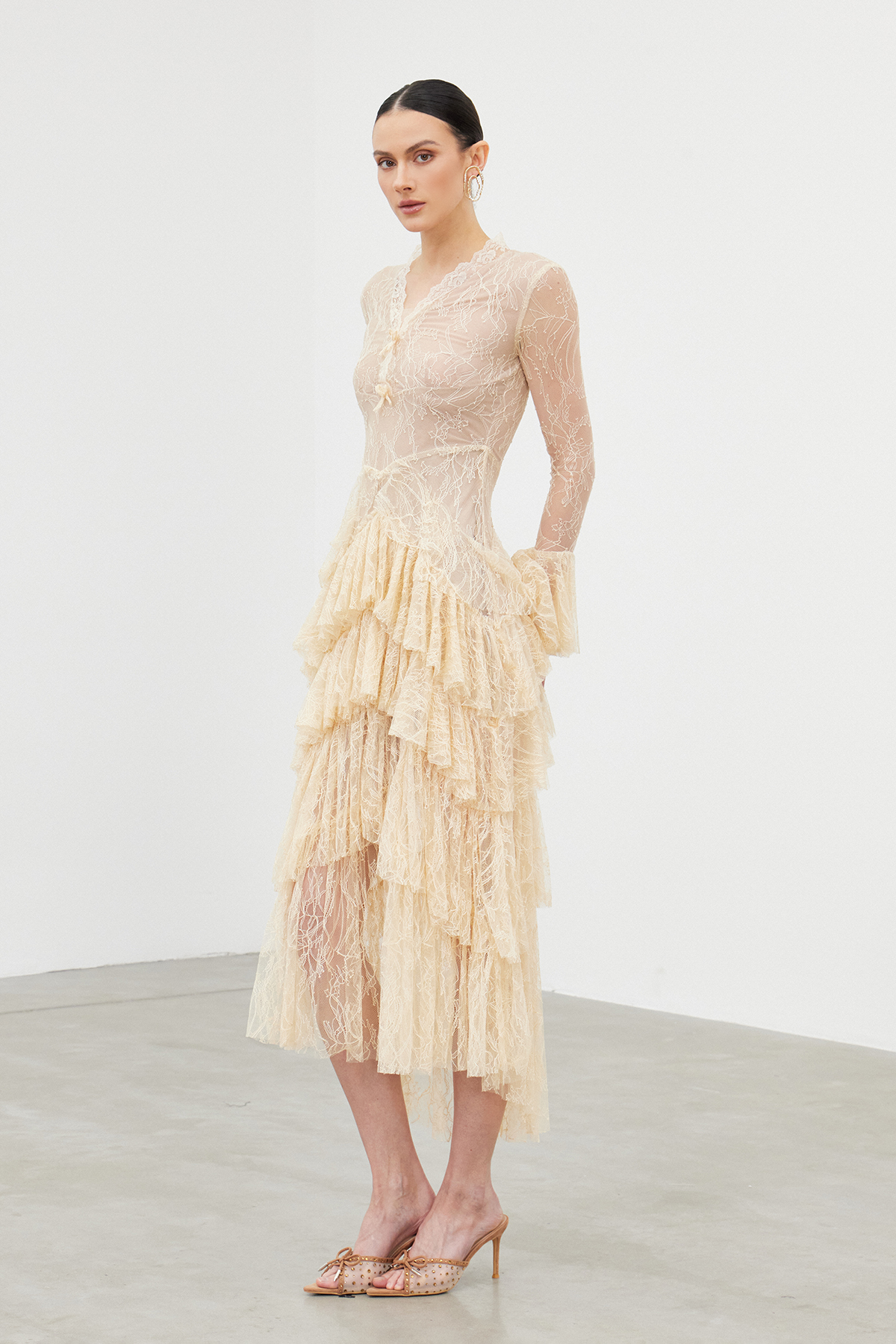Iakobos Lace Ruffle Tiered Maxi Dress