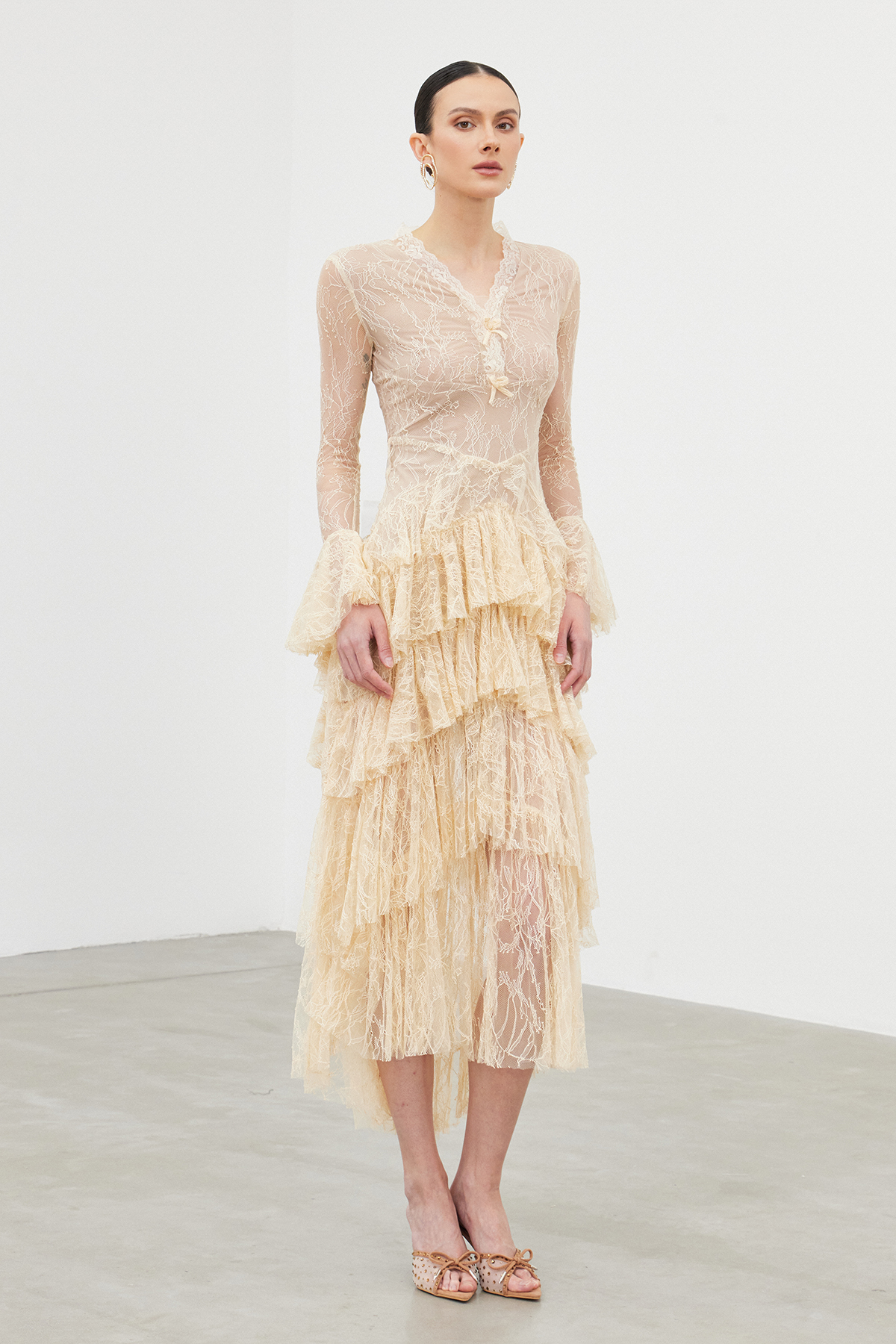 Iakobos Lace Ruffle Tiered Maxi Dress