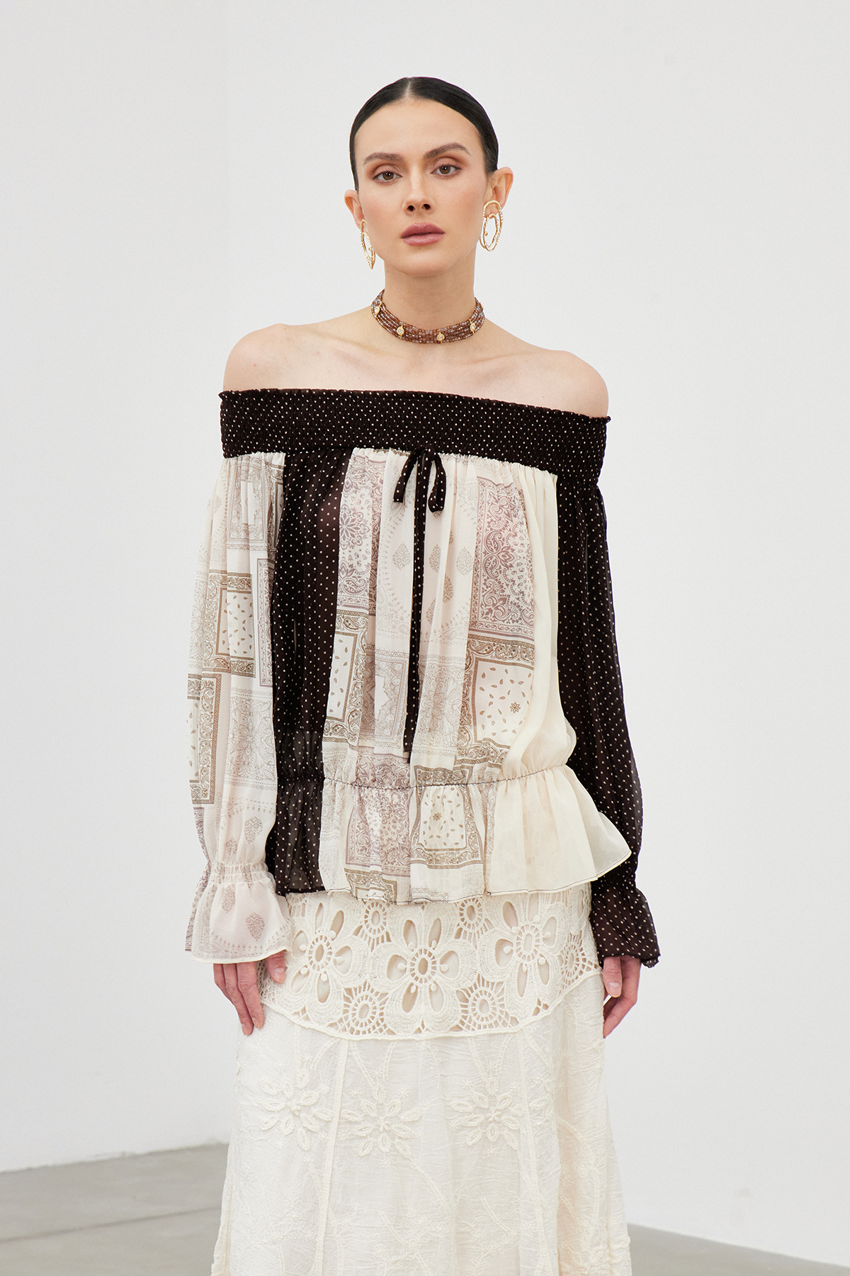 Iakovu Off Shoulder Dot Mesh Top