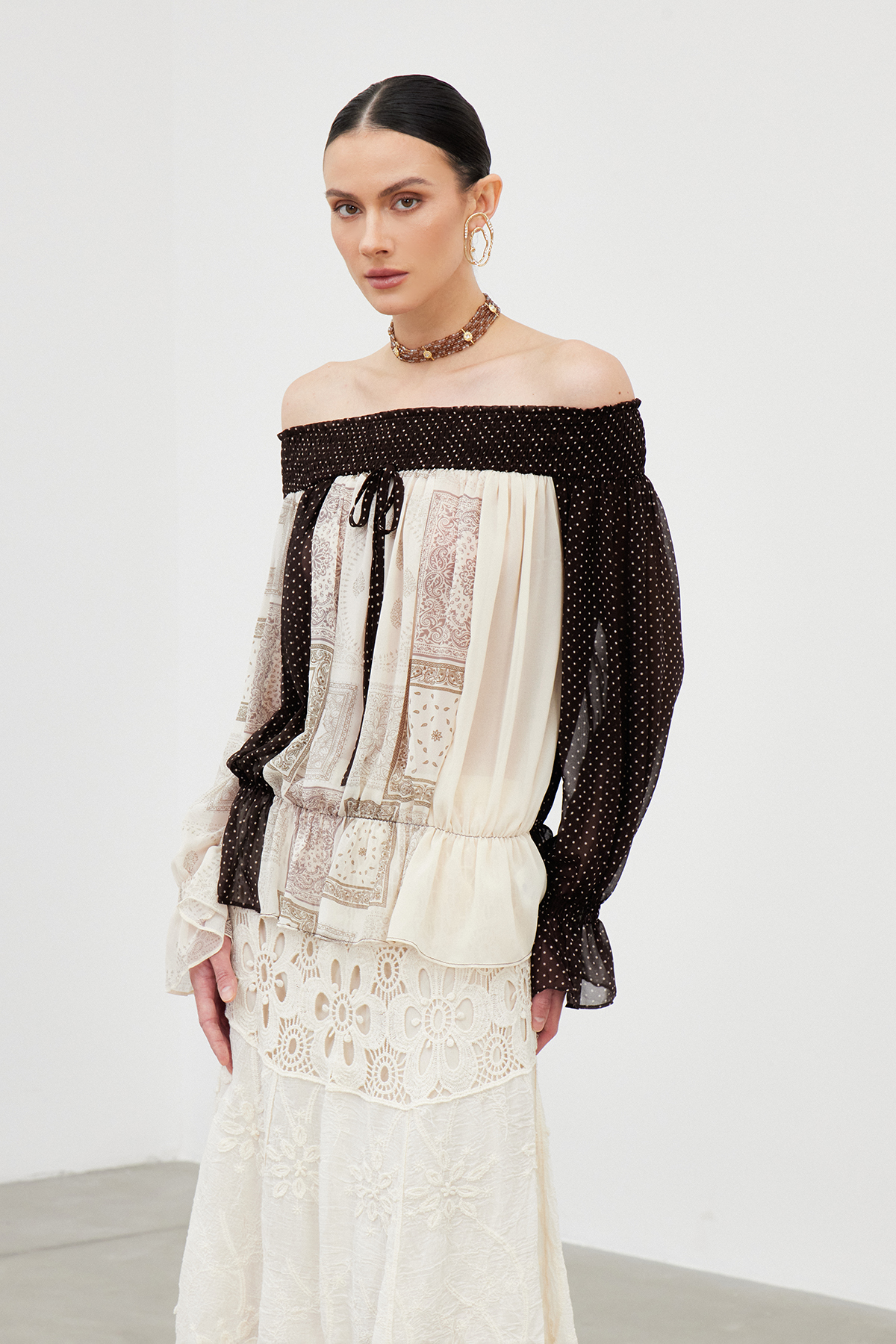 Iakovu Off Shoulder Dot Mesh Top