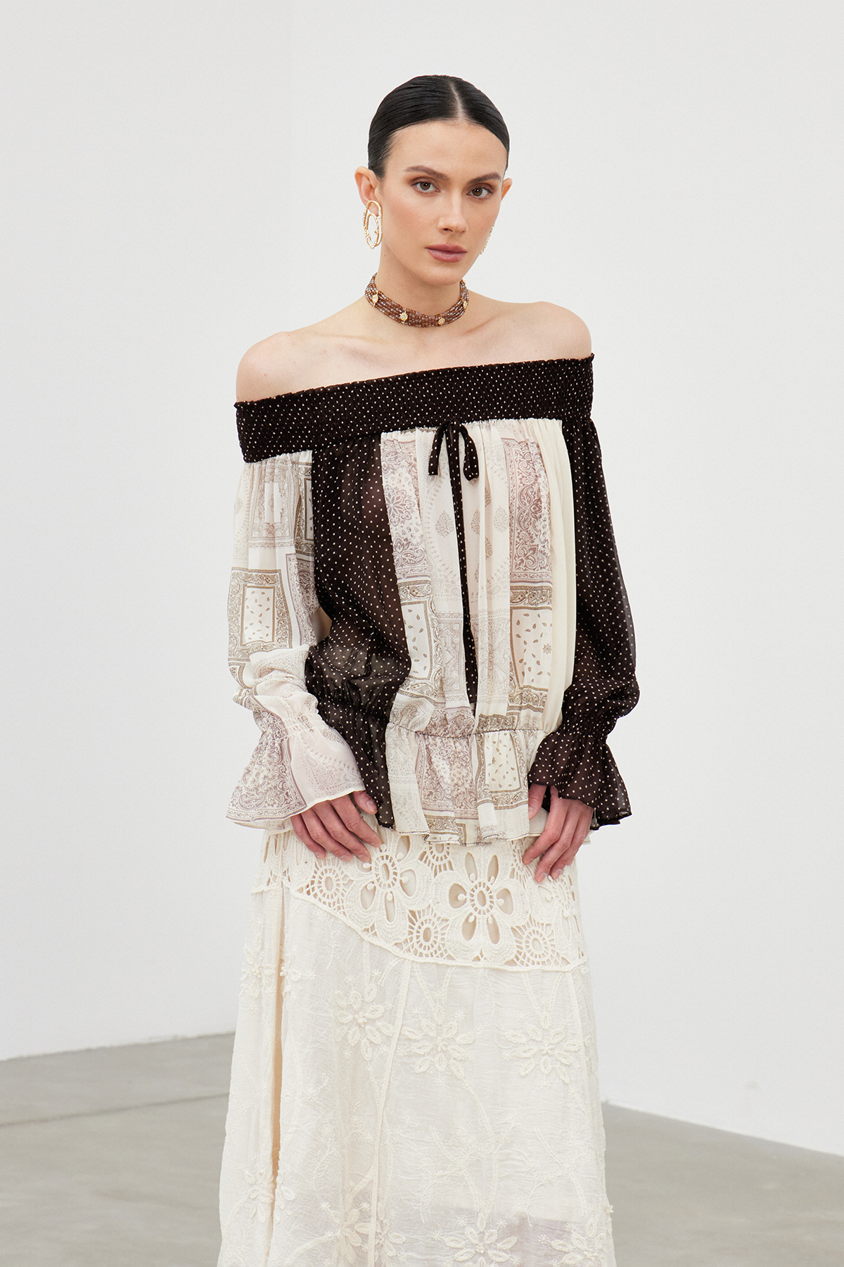 Iakovu Off Shoulder Dot Mesh Top