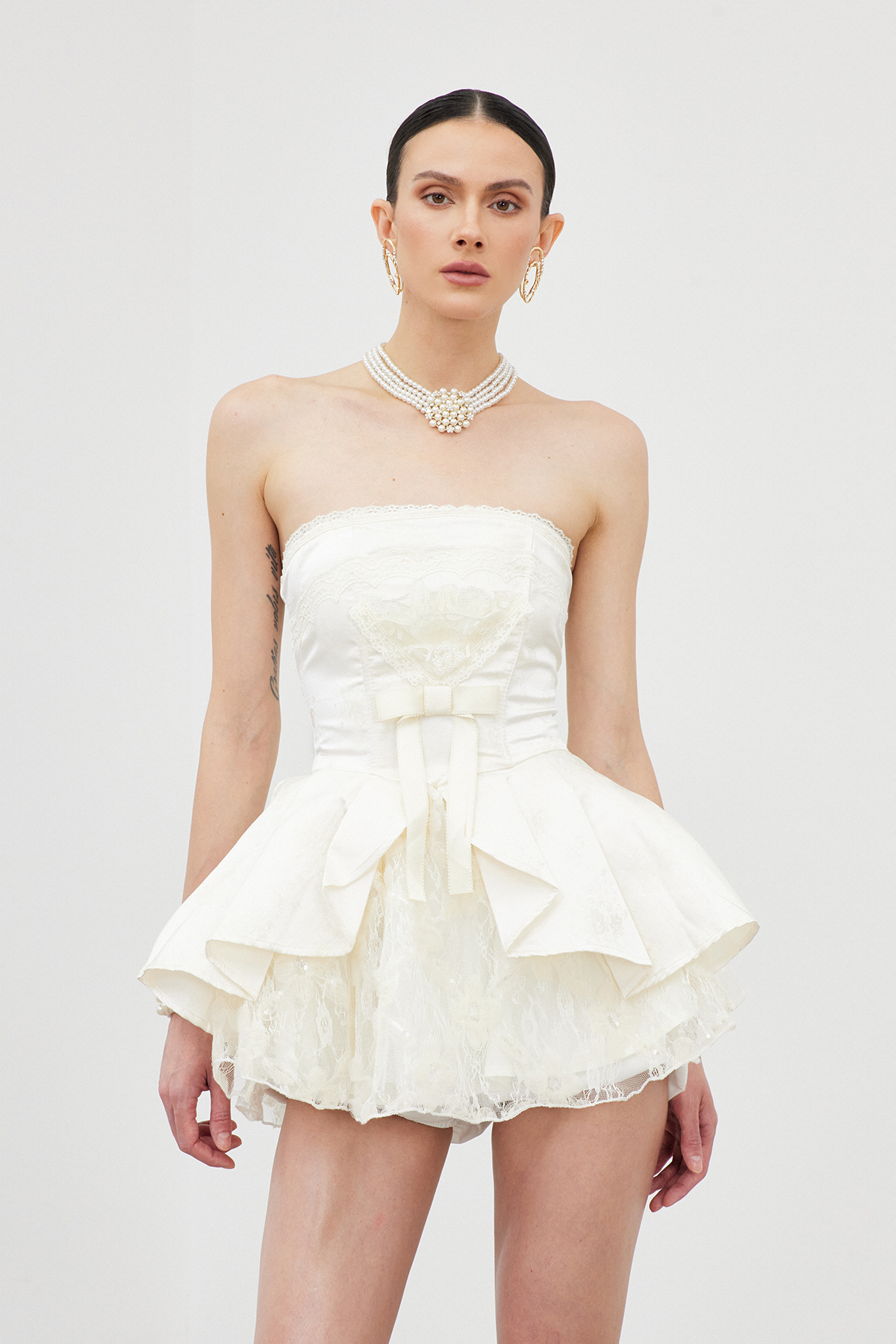 Iantha Strapless Lace Ruffle Mini Dress