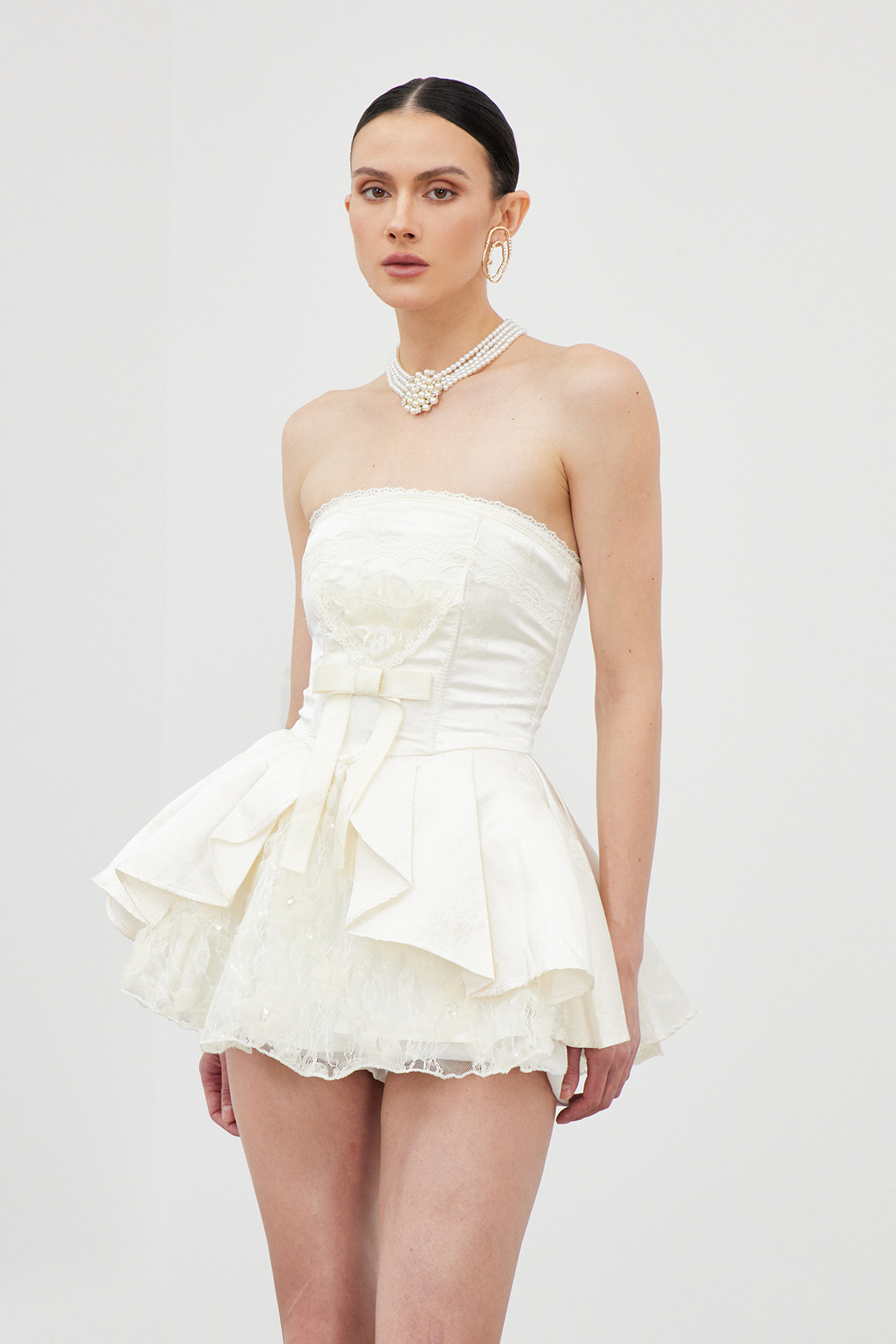 Iantha Strapless Lace Ruffle Mini Dress