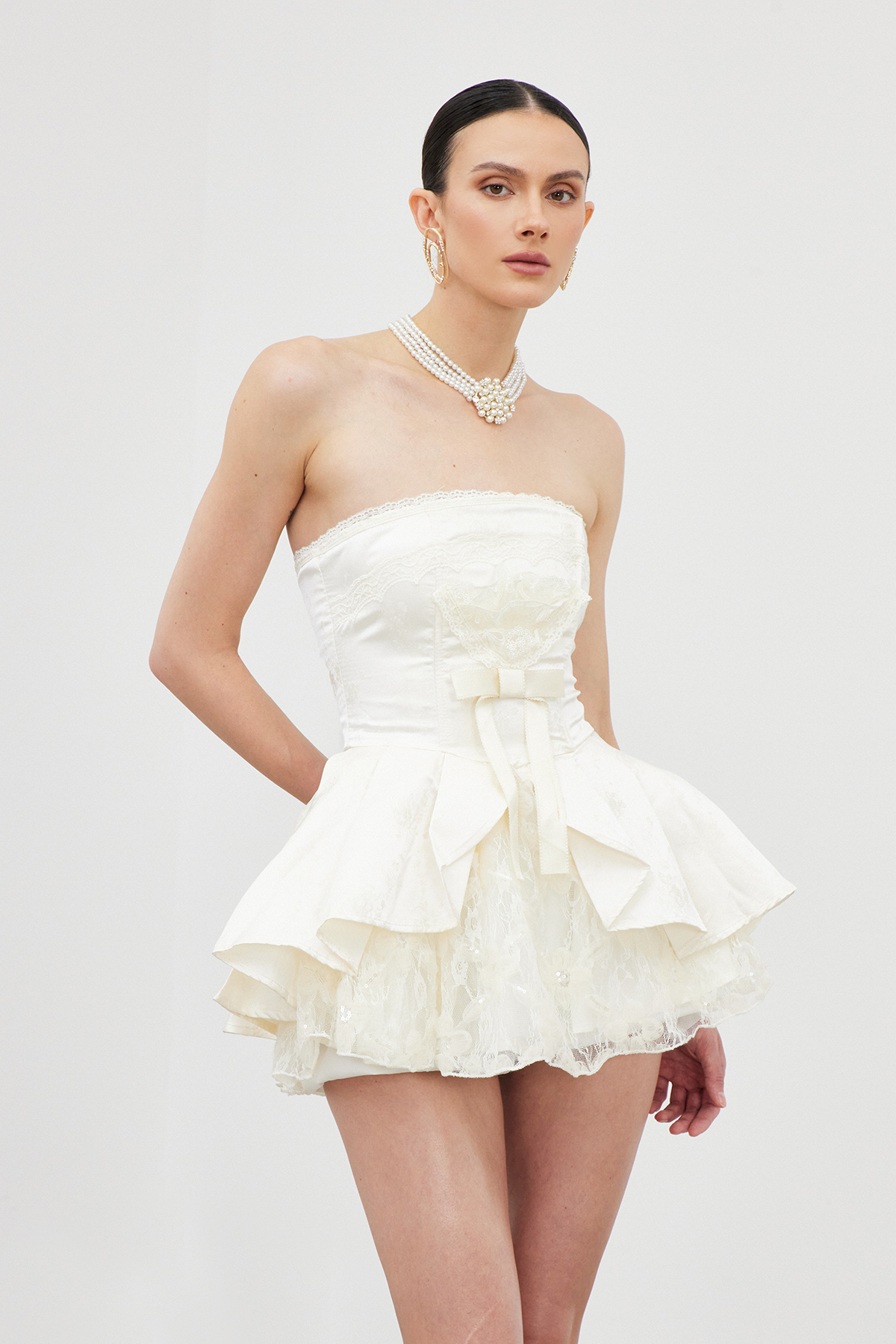 Iantha Strapless Lace Ruffle Mini Dress