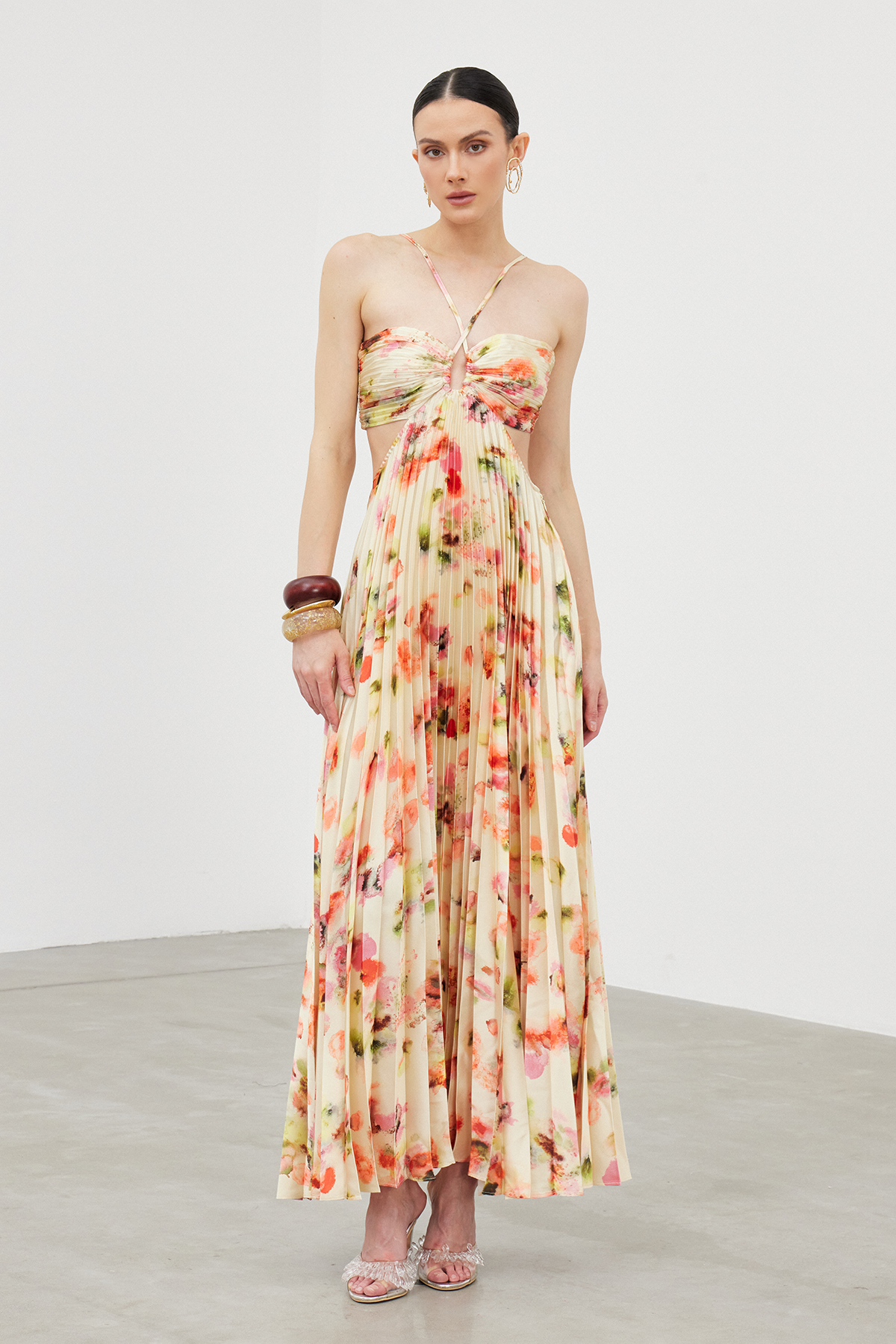 Ianuarius Halter Neck Ruch Print Maxi Dress