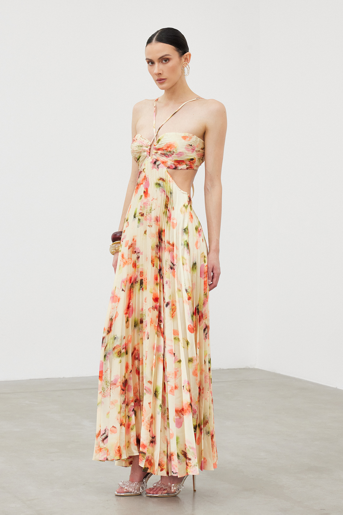 Ianuarius Halter Neck Ruch Print Maxi Dress