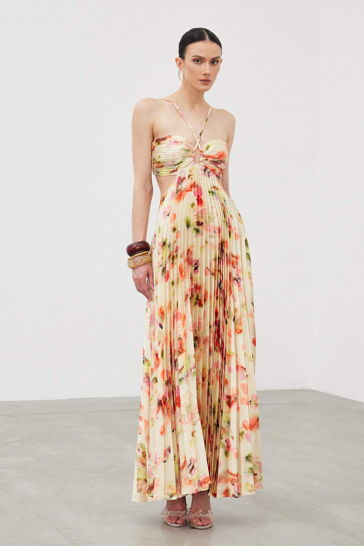 Ianuarius Halter Neck Ruch Print Maxi Dress