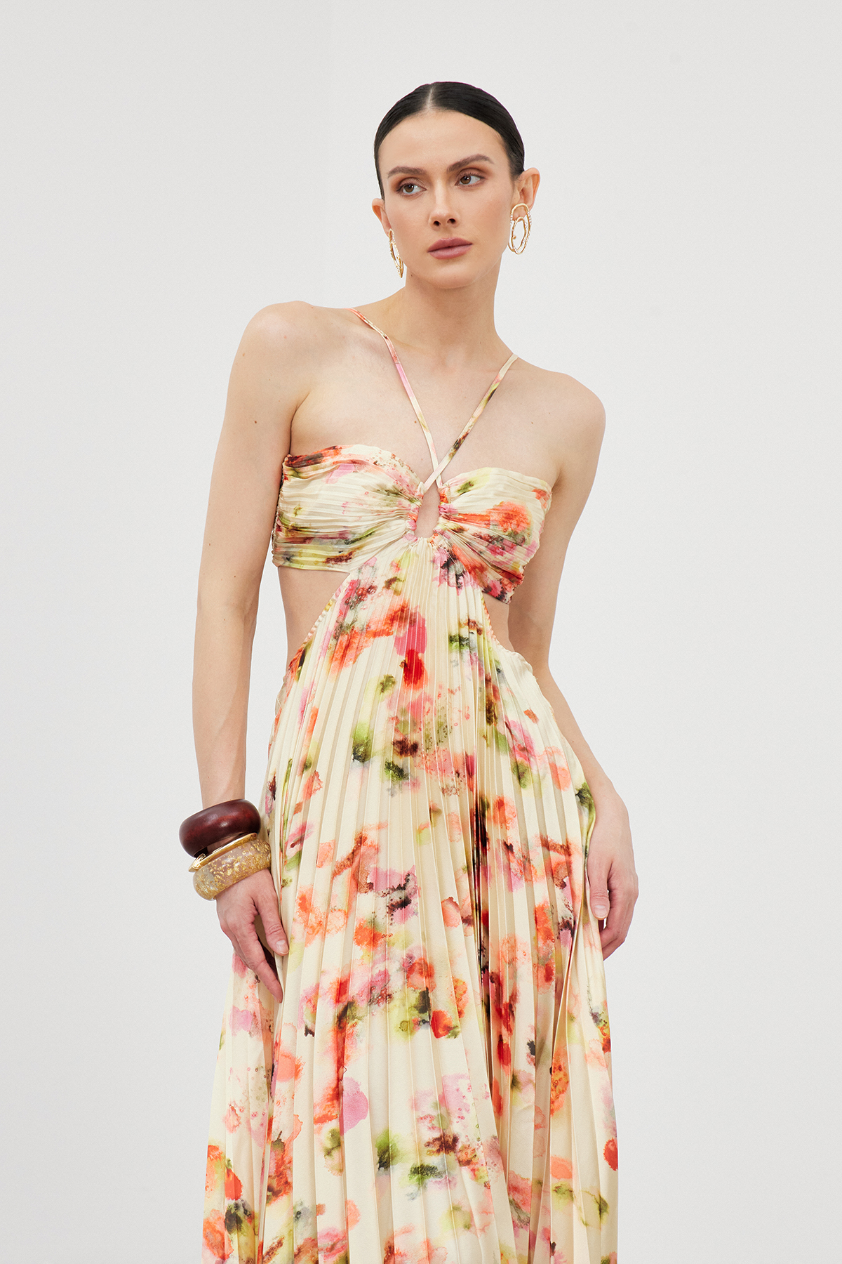 Ianuarius Halter Neck Ruch Print Maxi Dress