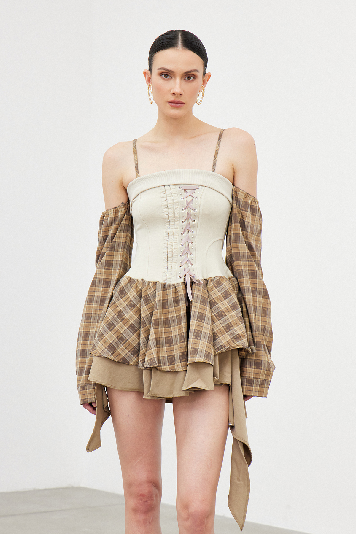 Iapetos Lace Up Grid Mini Dress