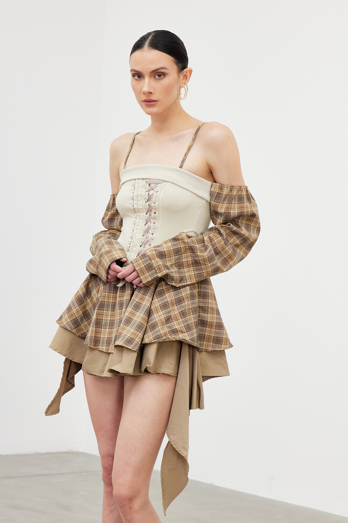 Iapetos Lace Up Grid Mini Dress