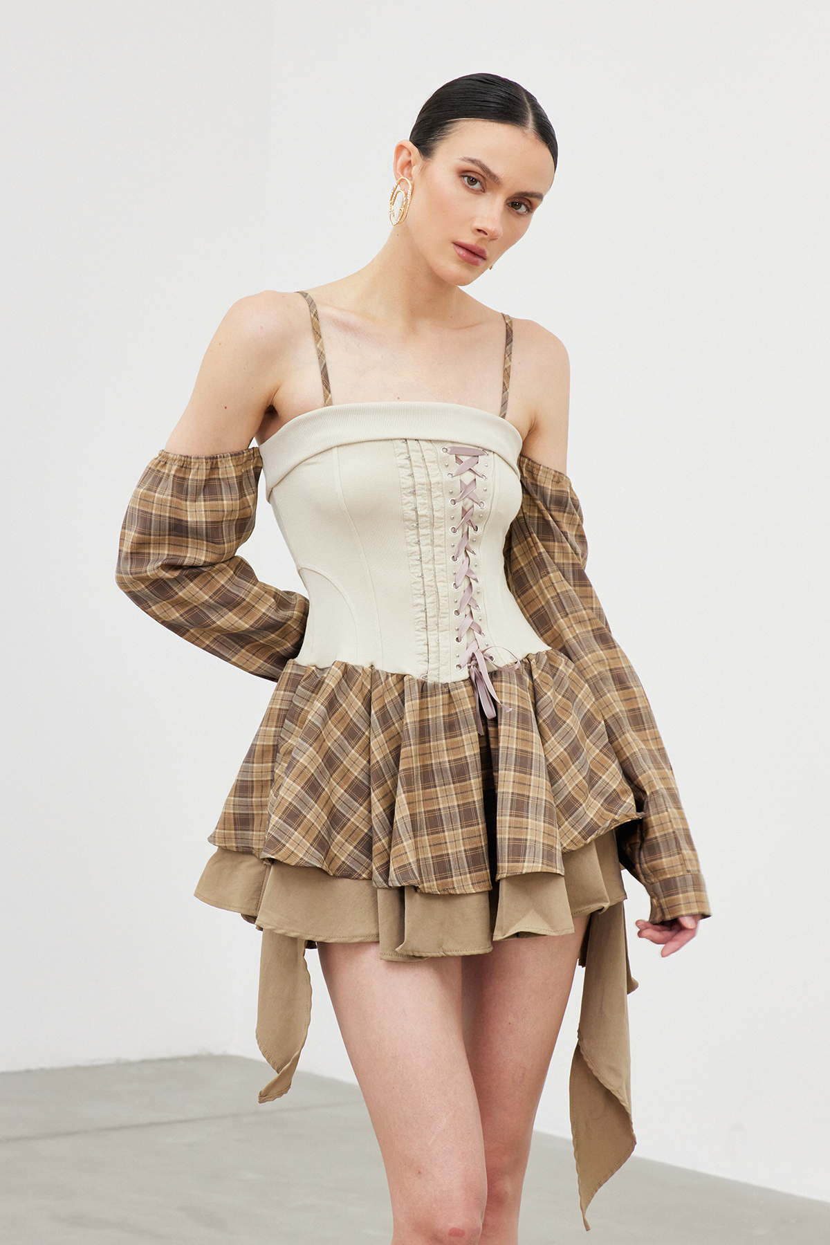 Iapetos Lace Up Grid Mini Dress