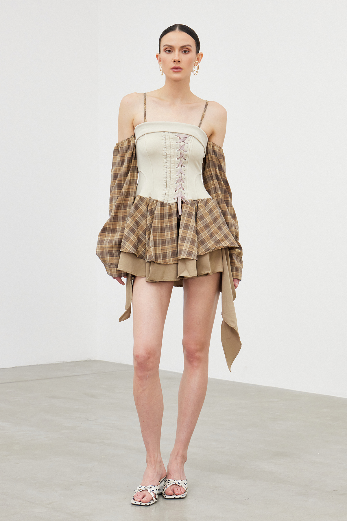 Iapetos Lace Up Grid Mini Dress